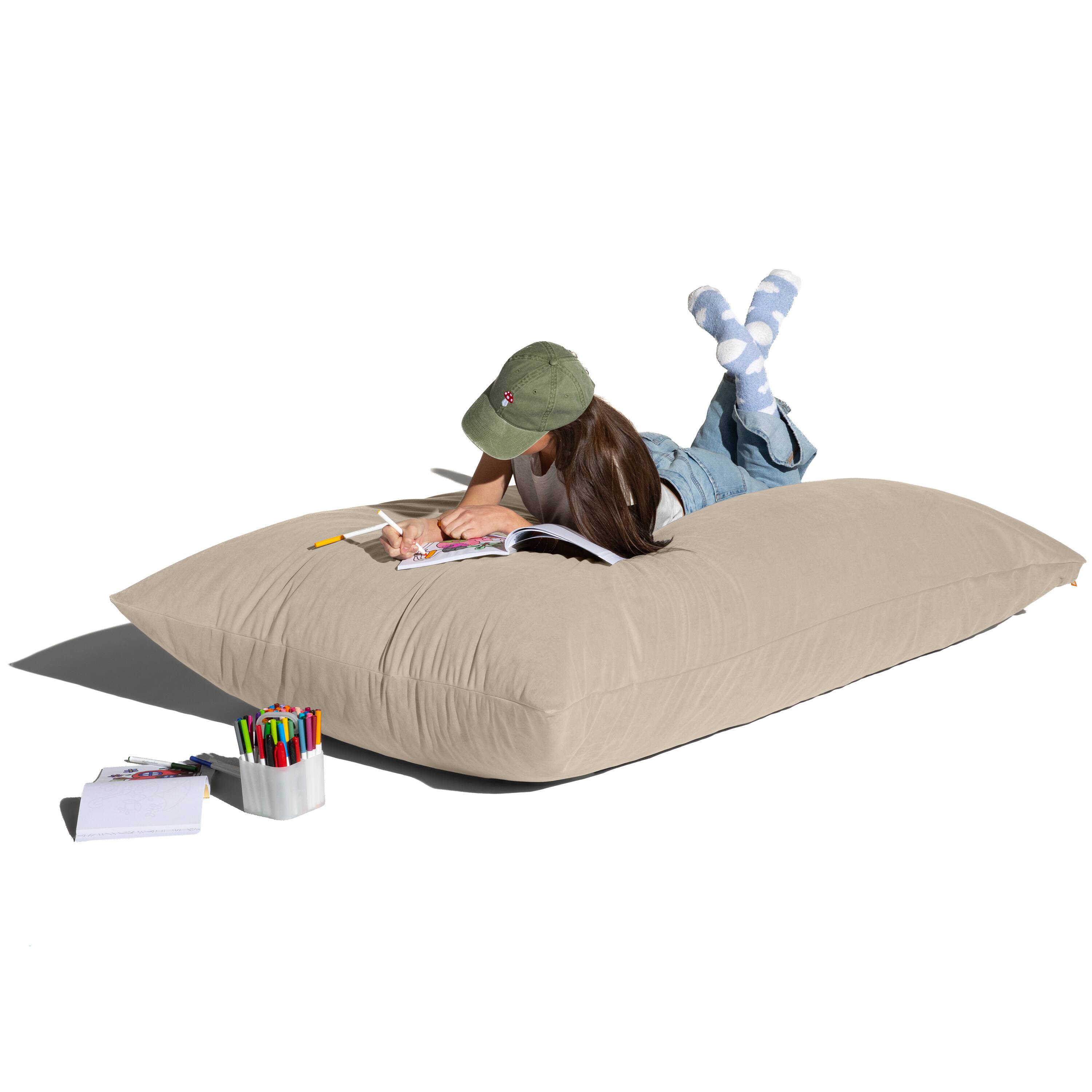 Angle. Jaxx - Pillow Saxx Dream Lounger with Wood Frame - 3-in-1 Bean Bag Accent Chair, Recliner & Sleeper, Lush Velvet Ivory - Lush Velvet Ivory.