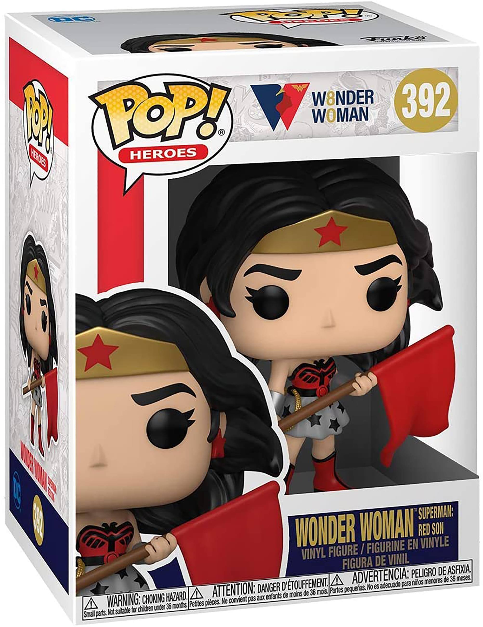 Sure, here is the corrected and grouped text from the image:

---

**POP! HEROES**

**WONDER WOMAN**

**392**

**WONDER WOMAN**  
**SUPERMAN: RED SON**

**VINYL FIGURE / FIGURINE EN VINYLE / FIGURA DE VINIL**

**WARNING: CHOKING HAZARD**  
**ATTENTION: DANGER DE TÉTANISME**  
**ADVERTENCIA: PELIGRO DE ASFIXIA**

**Small parts. Not suitable for children under 36 months.**  
**Petites pièces. Ne convient pas aux enfants de moins de 36 mois.**  
**Partes pequeñas. No es adecuado para niños menores de 36 meses.**

---

This text is from the packaging of a Funko Pop! figure of Wonder Woman from "Superman: Red Son."