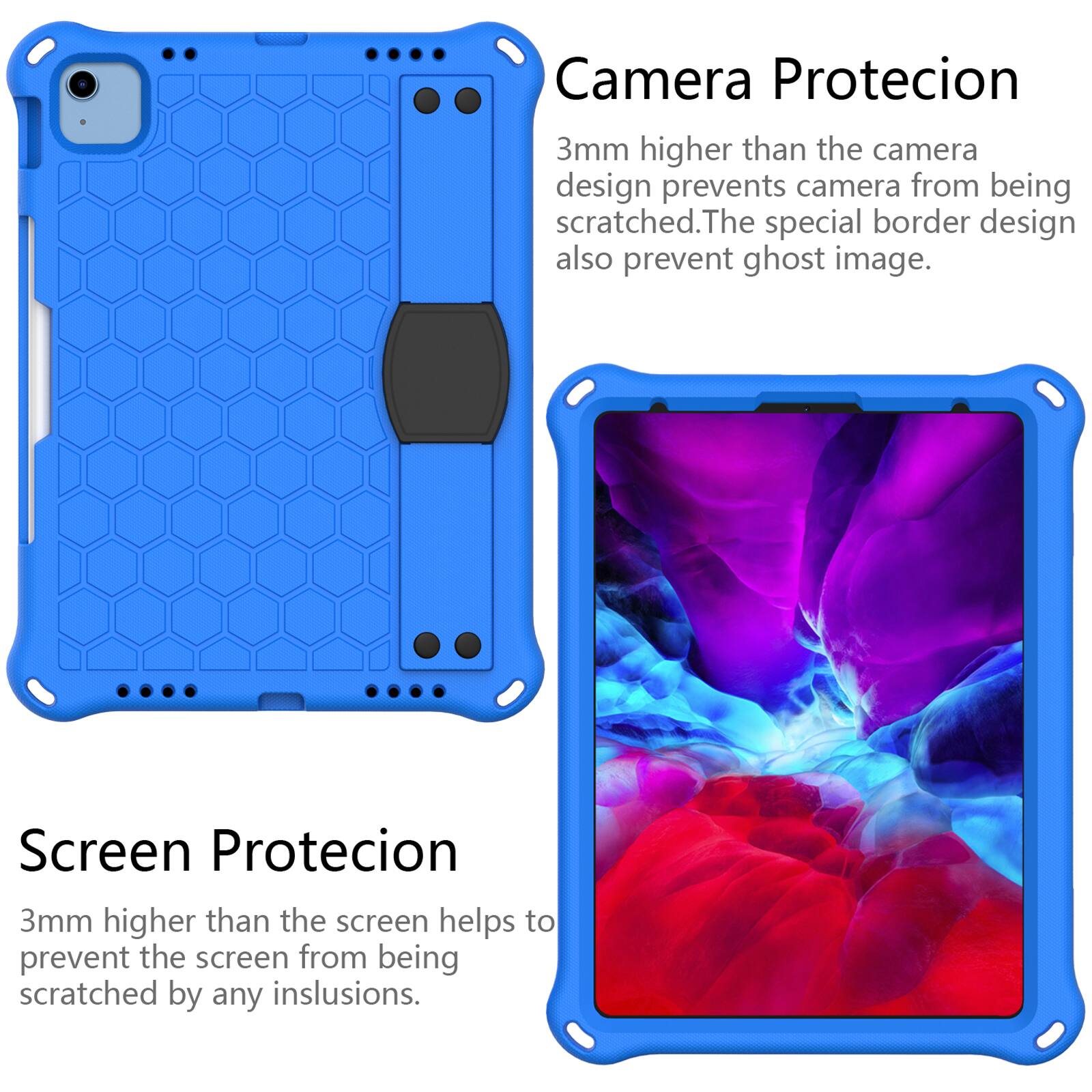 Camera Protecion  
3mm higher than the camera design prevents camera from being scratched. The special border design also prevent ghost image.  

Screen Protecion  
3mm higher than the screen helps to prevent the screen from being scratched by any inslusions.