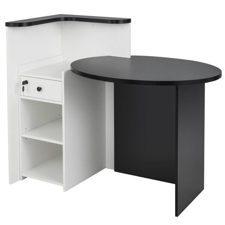 SlickBlue - Office Reception Desk with Lockable Drawer & Open Shelf – Professional Workstation - Black