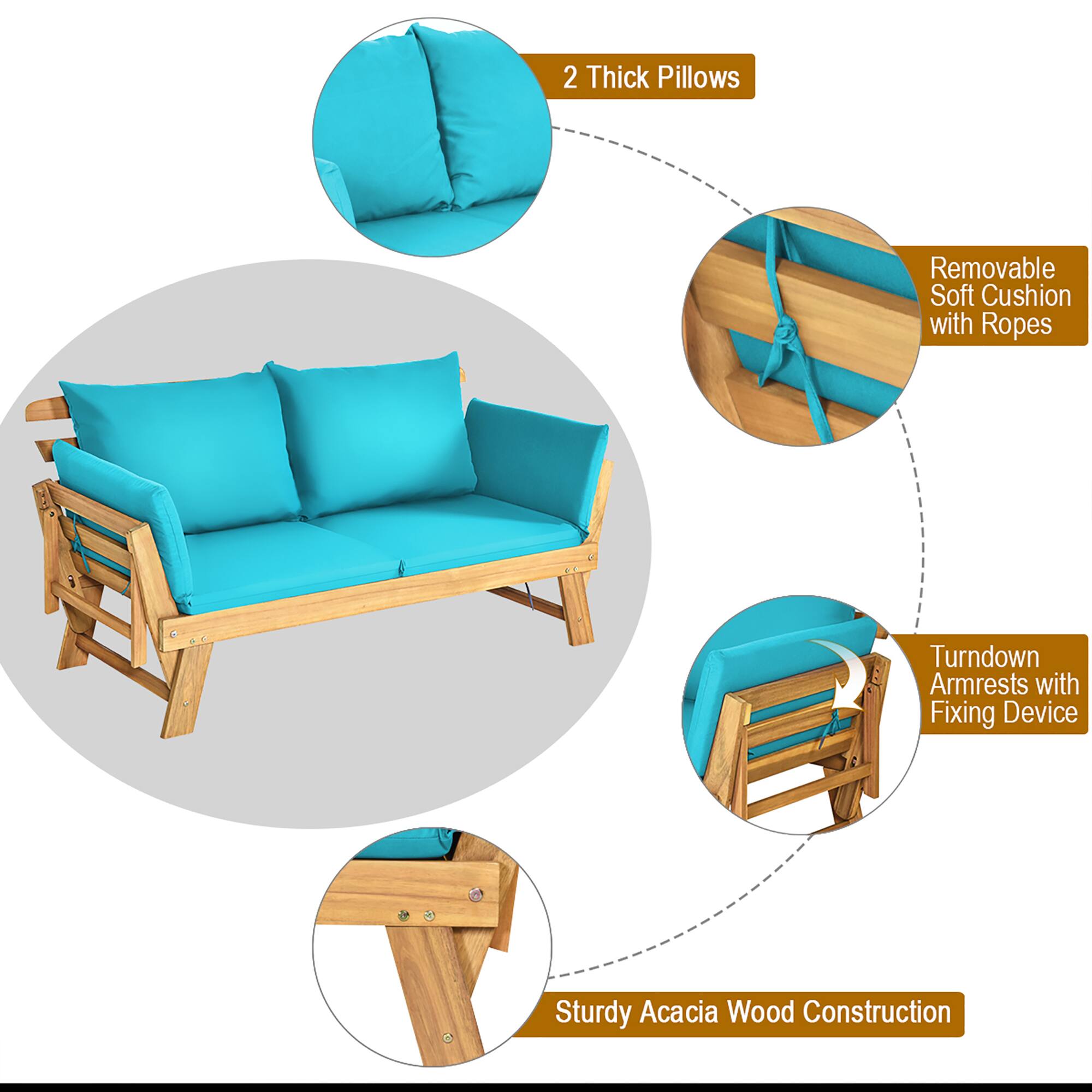 2 Thick Pillows  
Removable Soft Cushion with Ropes  
Turndown Armrests with Fixing Device  
Sturdy Acacia Wood Construction