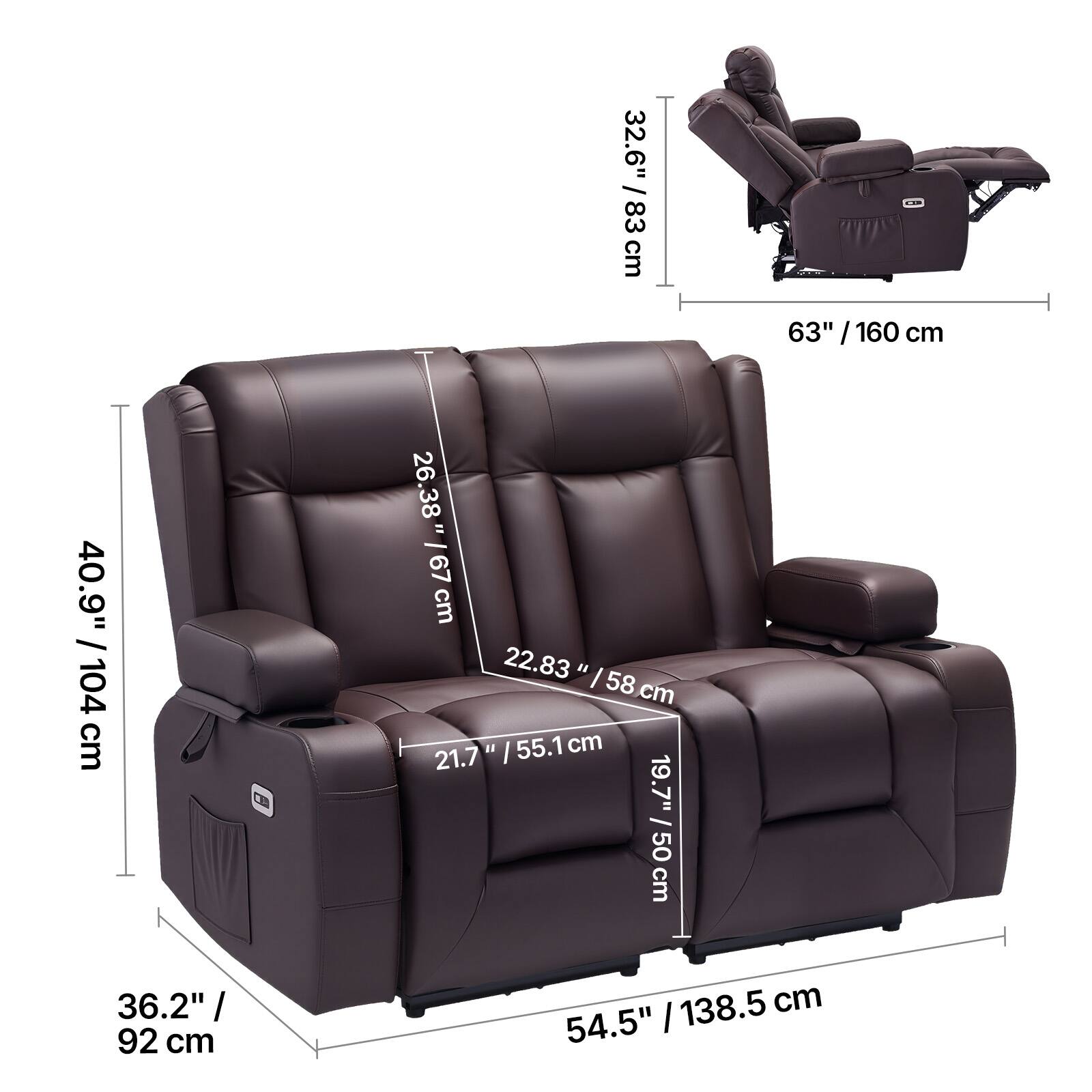 32.6" / 83 cm  
63" / 160 cm  
40.9" / 104 cm  
26.38" / 67 cm  
22.83" / 58 cm  
21.7" / 55.1 cm  
19.7" / 50 cm  
36.2" / 92 cm  
54.5" / 138.5 cm