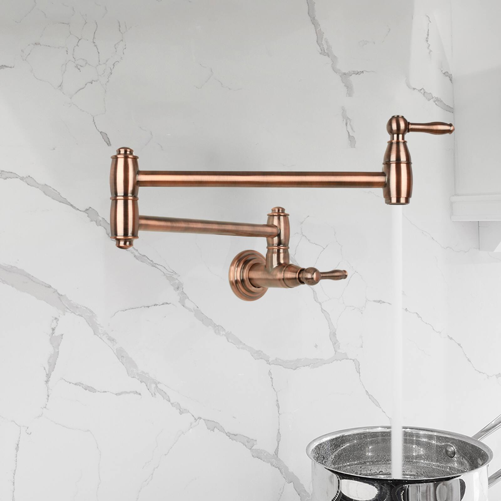 Alt View 3. Akicon - Akicon Wall-Mounted Solid Brass Pot Filler Kitchen Faucet with Dual Joint Swing Arms for Stovetop in Antique Copper - Antique Copper.