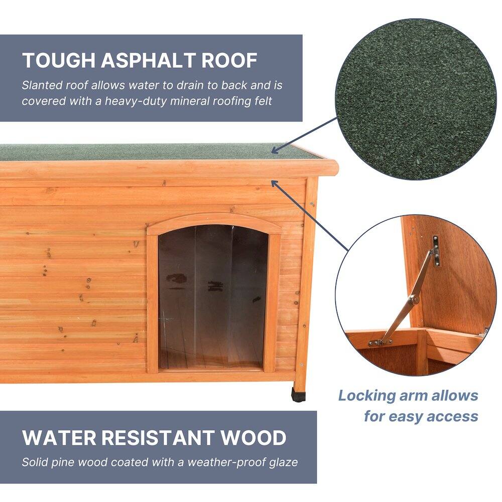 TOUGH ASPHALT ROOF  
Slanted roof allows water to drain to back and is covered with a heavy-duty mineral roofing felt  

WATER RESISTANT WOOD  
Solid pine wood coated with a weather-proof glaze  

Locking arm allows for easy access
