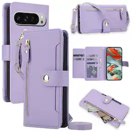 Dteck - Crossbody Zipper Wallet Case for Google Pixel 9 Pro XL,Faux Leather Magnetic Closure Flip Credit Card Holder Cover - Purple