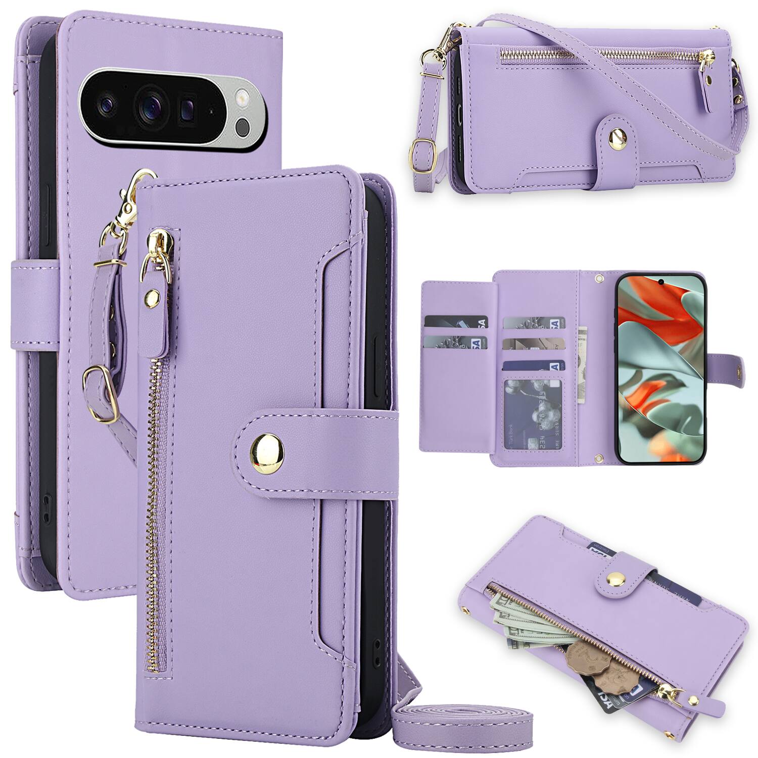 Front. Dteck - Crossbody Zipper Wallet Case for Google Pixel 10 Pro XL,Faux Leather Magnetic Closure Flip Credit Card Holder Cover - Purple.