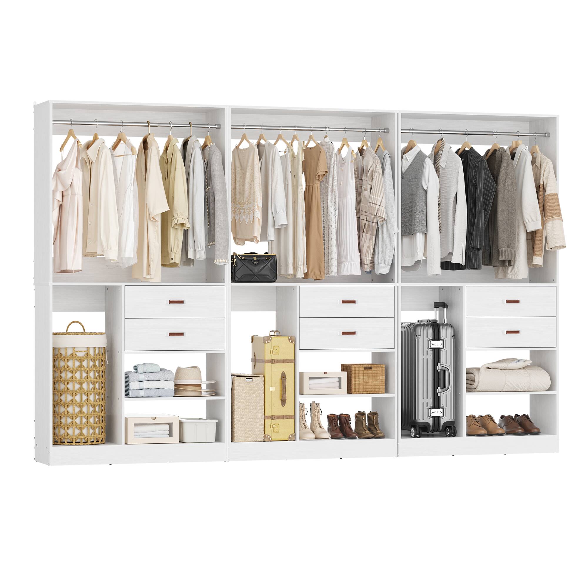 Angle. Aheaplus - 10FT Large Closet Organizer Set of 3, with 6 Drawers, 3 Hanging Rods and Luggage Storage Space - White.