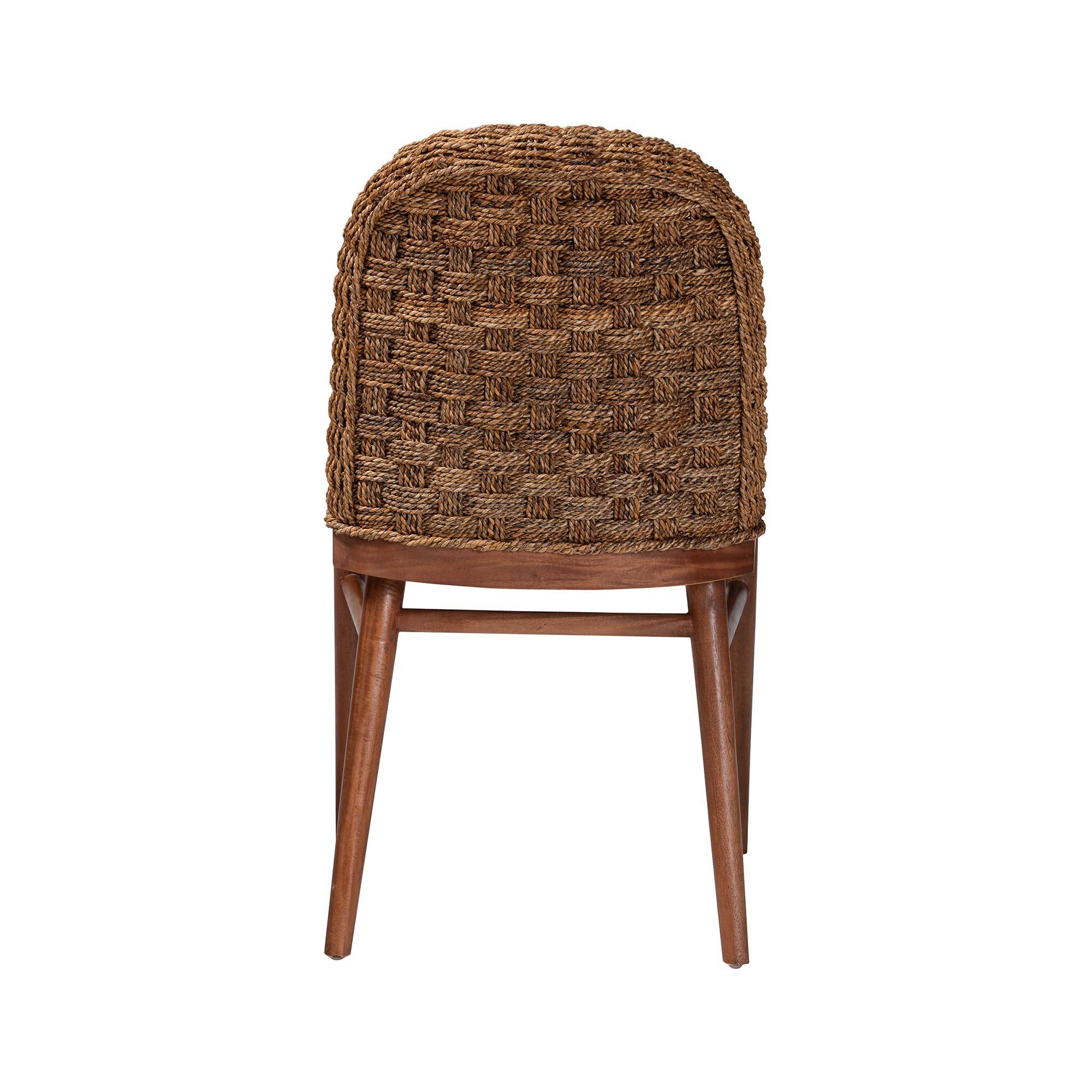 Back. bali & pari - Denver Modern Bohemian Finished Acacia Wood and Seagrass Dining Chair - White/Walnut Brown.