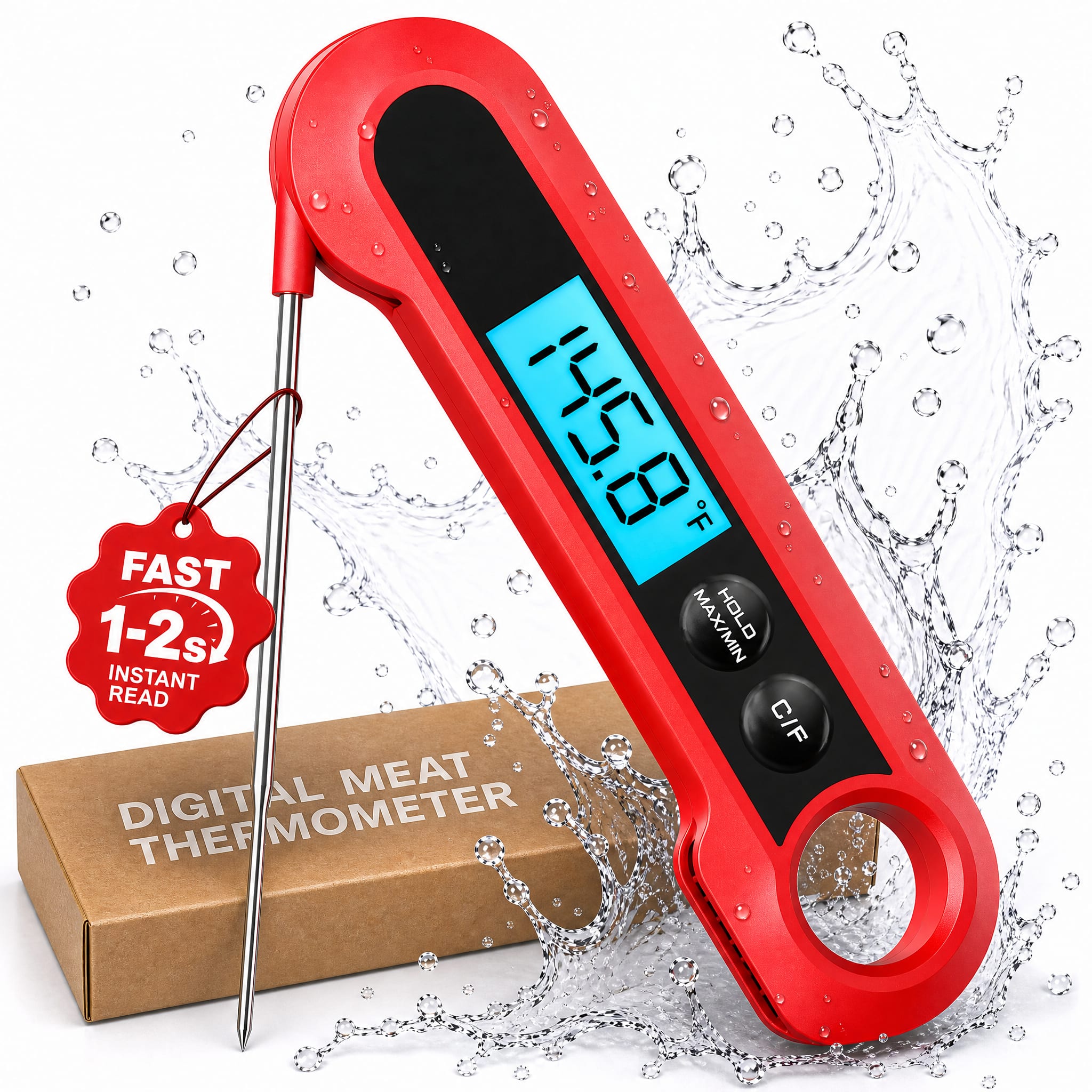 AMUMU - Instant Read Digital Food Thermometer with Foldable Probe Meat Thermometer - Red