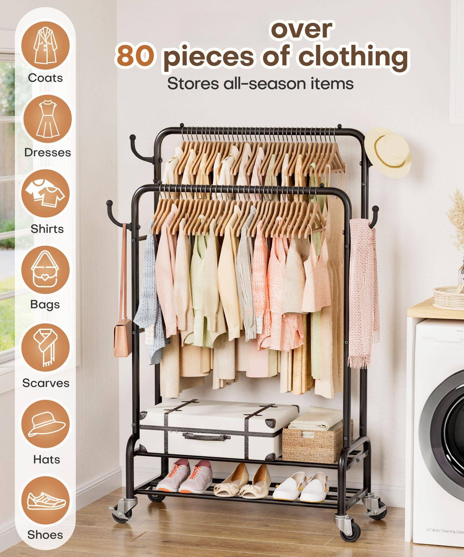 Coats  
Dresses  
Shirts  
Bags  
Scarves  
Hats  
Shoes  

over 80 pieces of clothing  
Stores all-season items