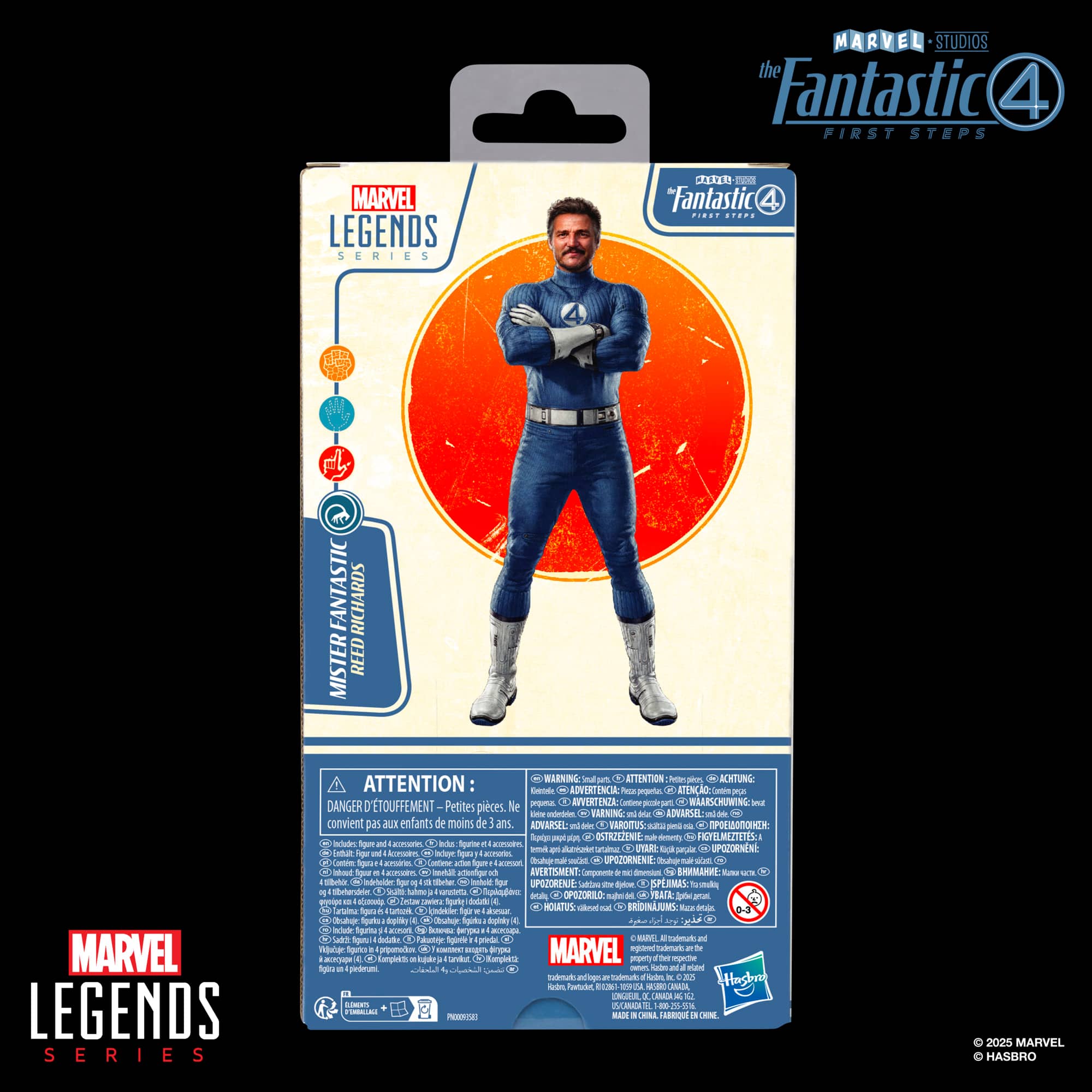 The image features a blue box with a picture of a man in a blue suit on the front. The box is labeled "Fantastic 4" and is part of the Marvel Legends Series. The box also has a warning label, indicating that it is not suitable for children under three years of age. The man in the blue suit is likely a character from the Fantastic Four comic book series.