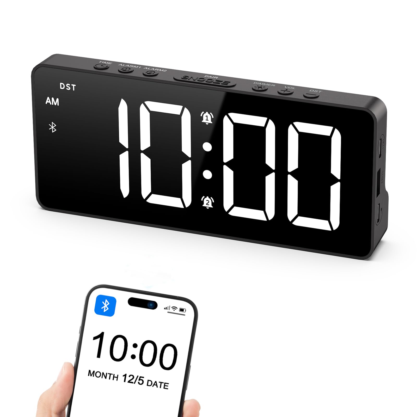 TIAE AMA ALARM PAIR SNOOZS DIMAER DST LEN 022T AM 1 10:00 2 JIL wil 10:00 MONTH 12/5 DATE