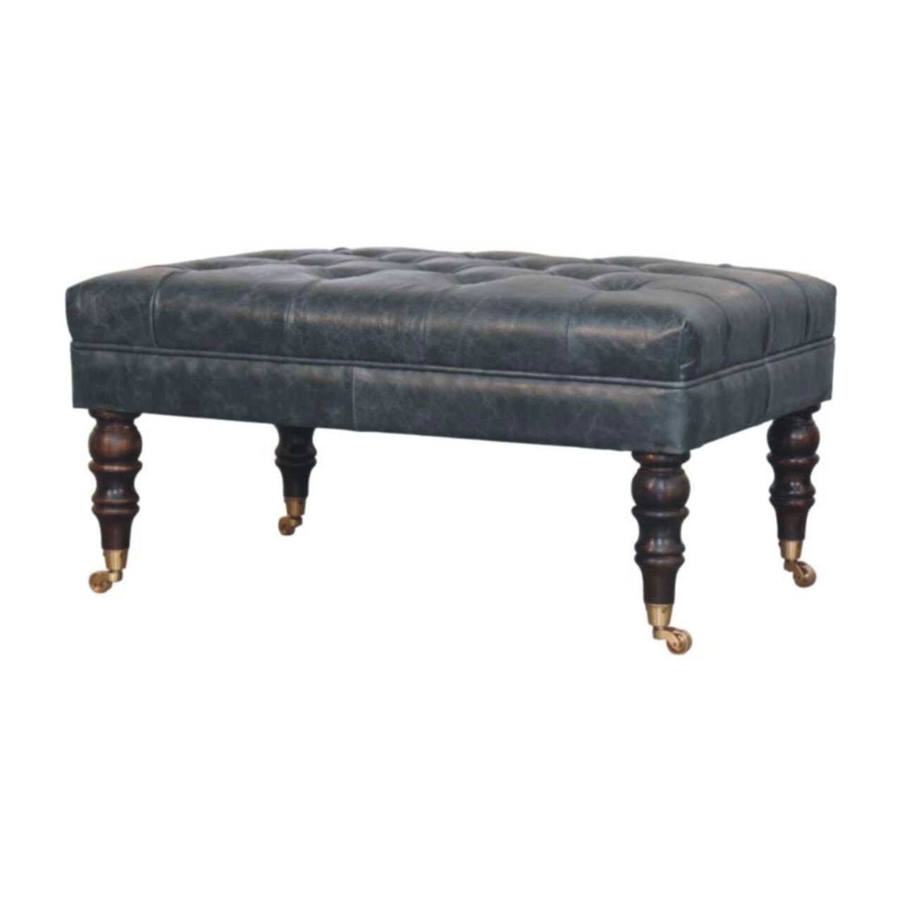 Left. Artisan Furniture - Artisan Furniture Solid Wood Buffalo Teal Leather Ottoman with Castor Legs, Upholstered, Black Color - Black.
