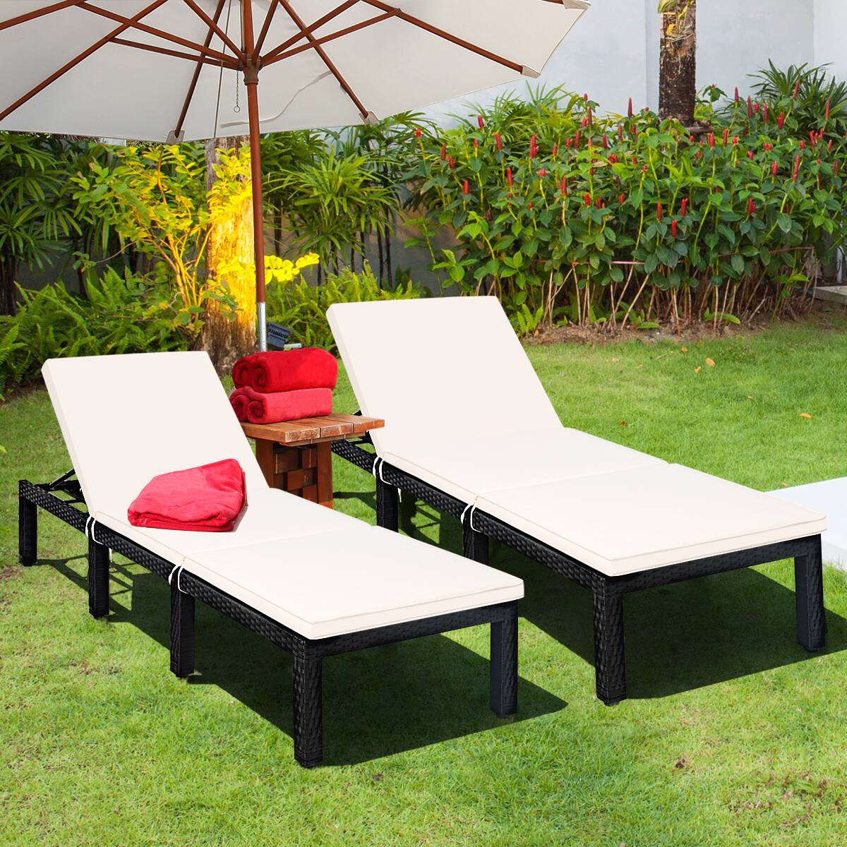 Alt View 3. Costway - 2PCS Patio Garden Rattan Lounge Chair Chaise Couch Cushioned Height Adjustable - White.