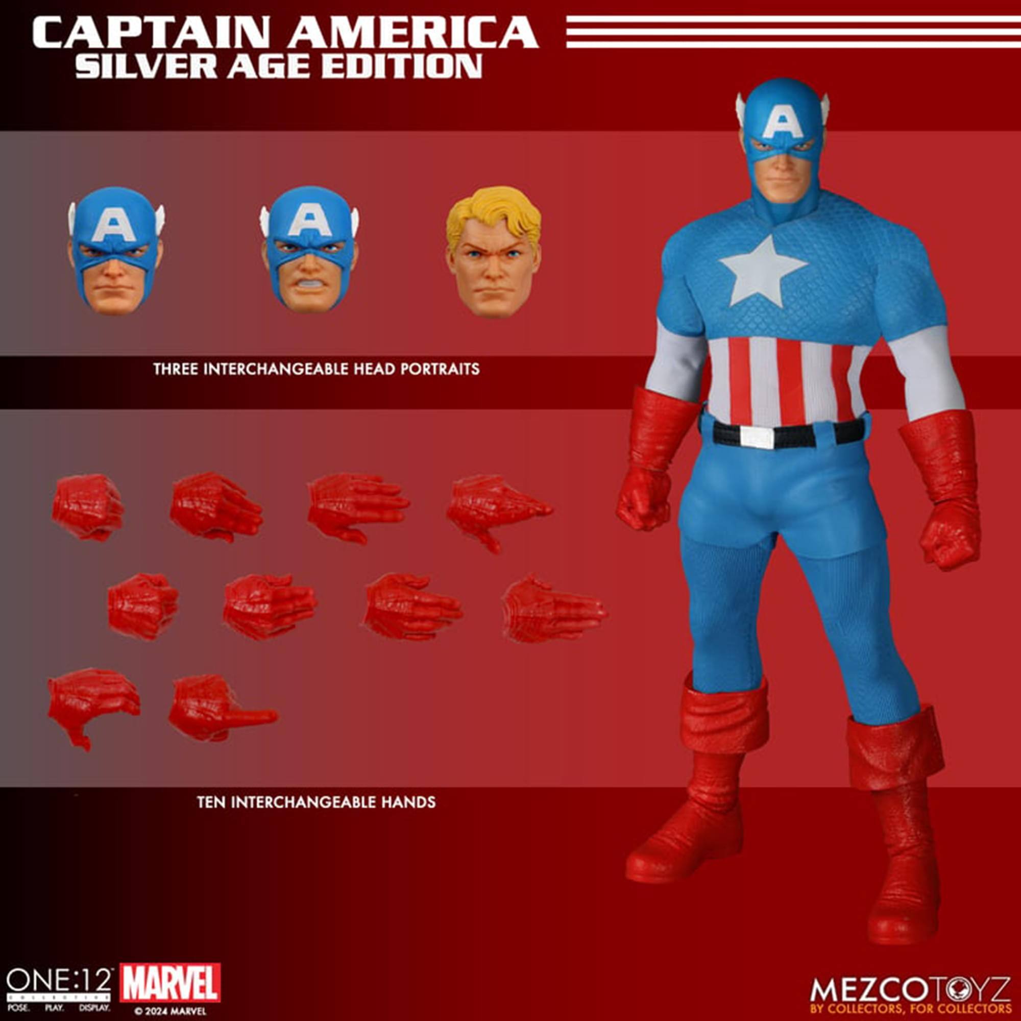 CAPTAIN AMERICA SILVER AGE EDITION

THREE INTERCHANGEABLE HEAD PORTRAITS

TEN INTERCHANGEABLE HANDS

ONE:12 MARVEL

© 2024 MARVEL

MEZCOTOYZ BY COLLECTORS, FOR COLLECTORS