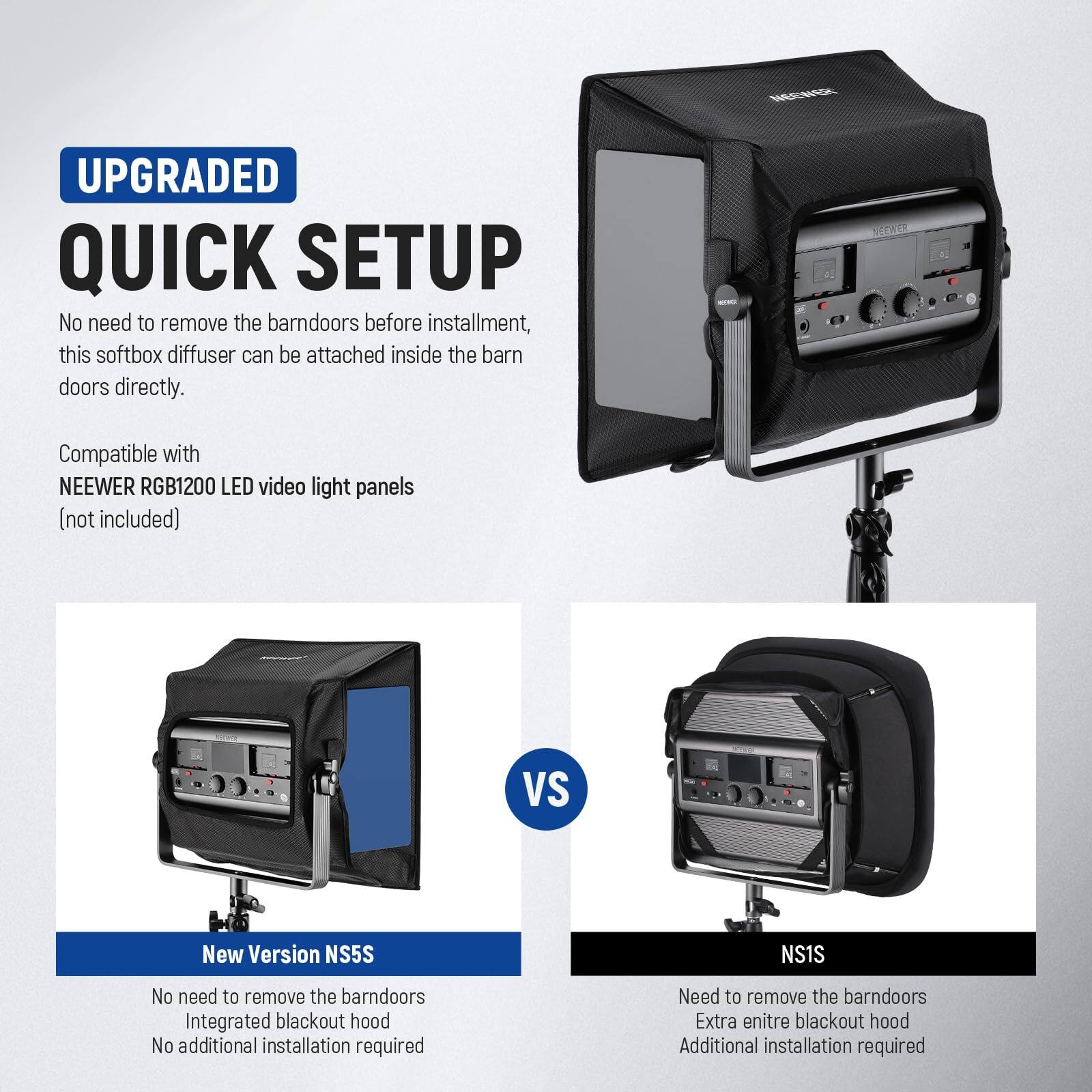 **UPGRADED QUICK SETUP**

No need to remove the barn doors before installation, this softbox diffuser can be attached inside the barn doors directly.

Compatible with  
NEEWER RGB1200 LED video light panels  
(not included)

---

**New Version NS5S**

No need to remove the barn doors  
Integrated blackout hood  
No additional installation required

---

**VS**

---

**NS1S**

Need to remove the barn doors  
Extra entire blackout hood  
Additional installation required