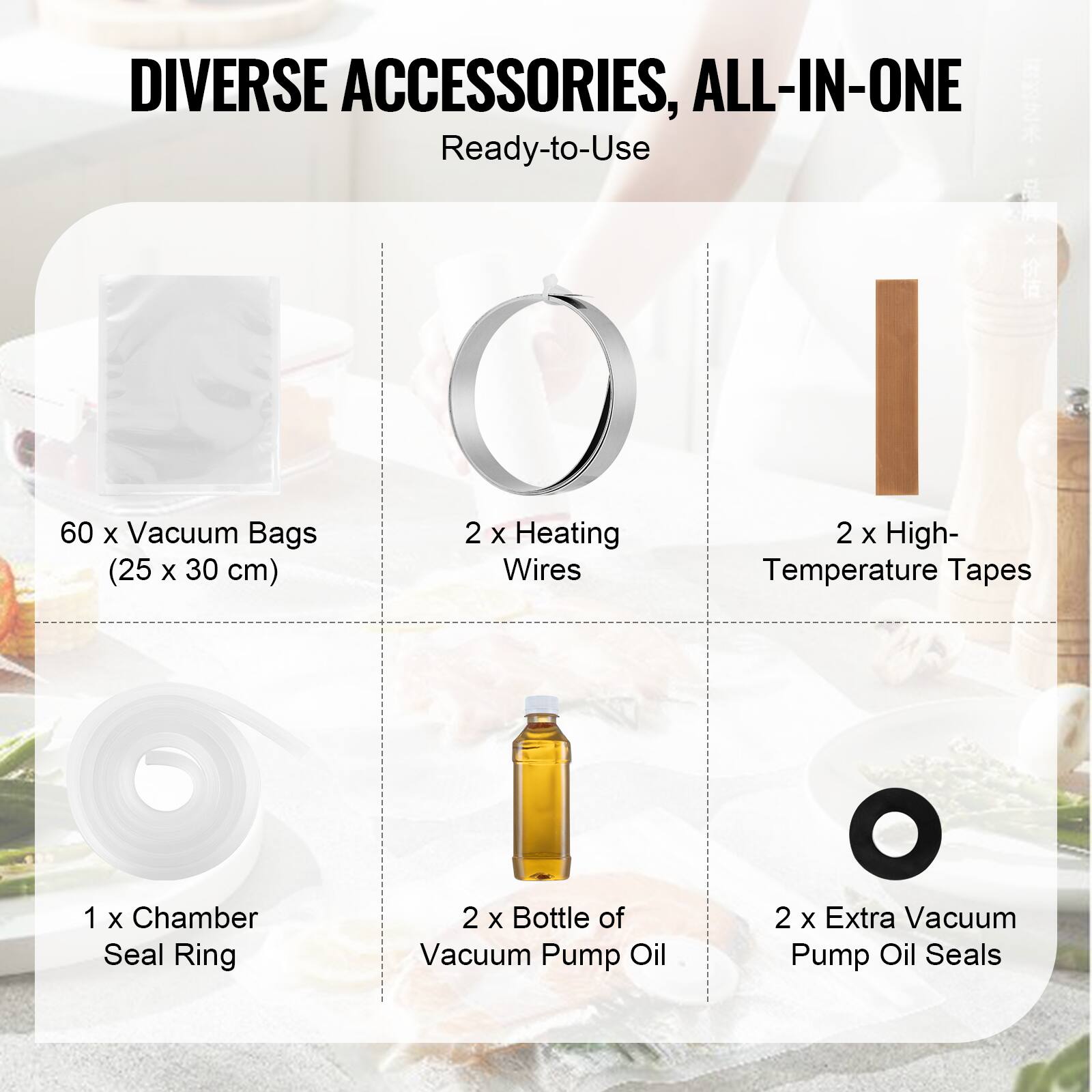 DIVERSE ACCESSORIES, ALL-IN-ONE Ready-to-Use - 60 x Vacuum Bags (25 x 30 cm), 2 x Heating Wires, 2 x High-Temperature Tapes, 1 x Chamber Seal Ring, 2 x Bottle of Vacuum Pump Oil, 2 x Extra Vacuum Pump Oil Seals