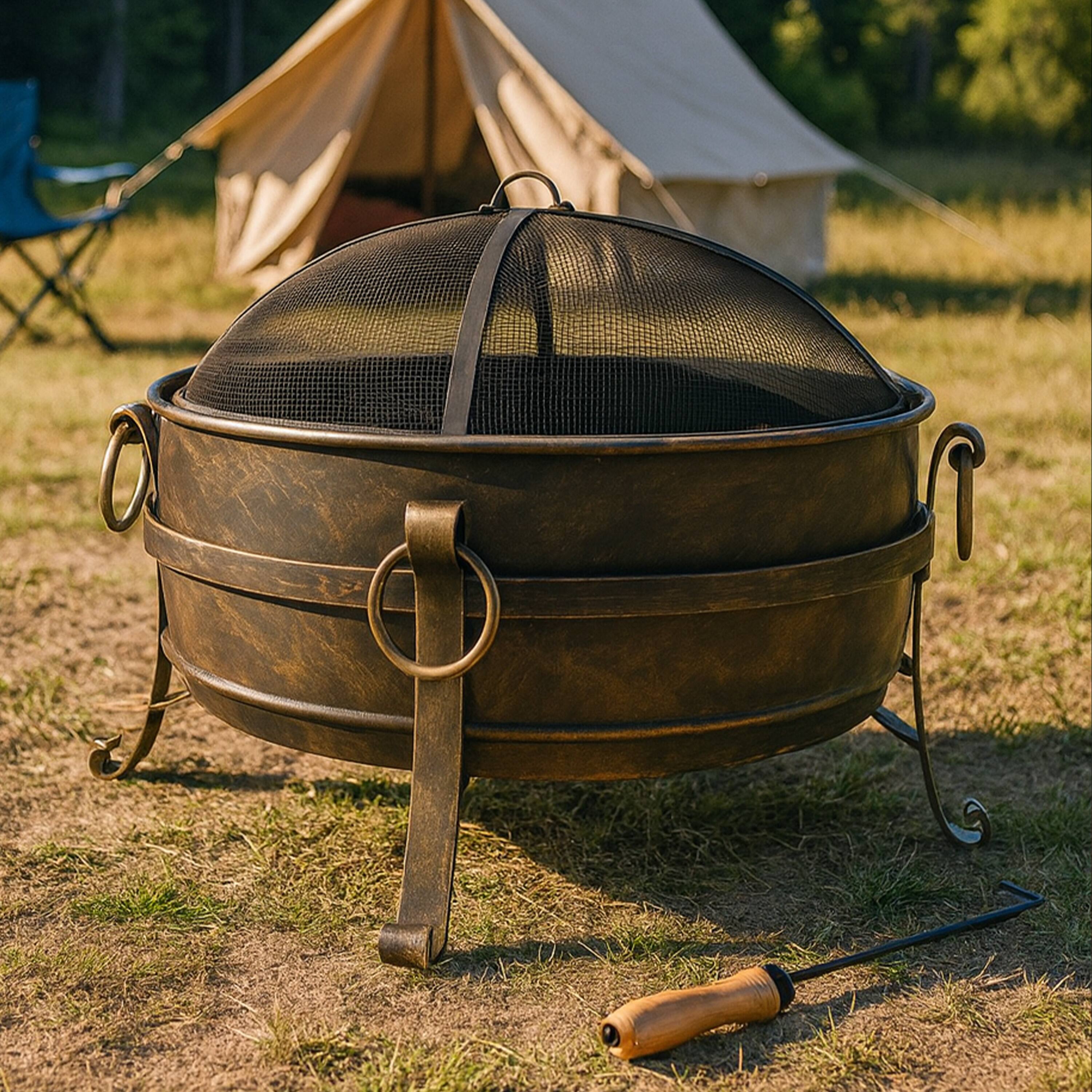 Alt View 10. Sunnydaze - 34 in Cauldron Outdoor Fire Pit Bowl with Spark Screen and Poker - Black.