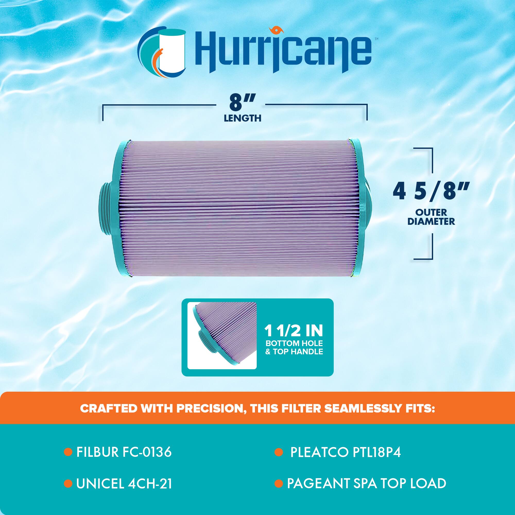 Hurricane

8" LENGTH

4 5/8" OUTER DIAMETER

1 1/2 IN BOTTOM HOLE & TOP HANDLE

CRAFTED WITH PRECISION, THIS FILTER SEAMLESSLY FITS:

- FILBUR FC-0136
- UNICEL 4CH-21
- PLEATCO PTL18P4
- PAGEANT SPA TOP LOAD