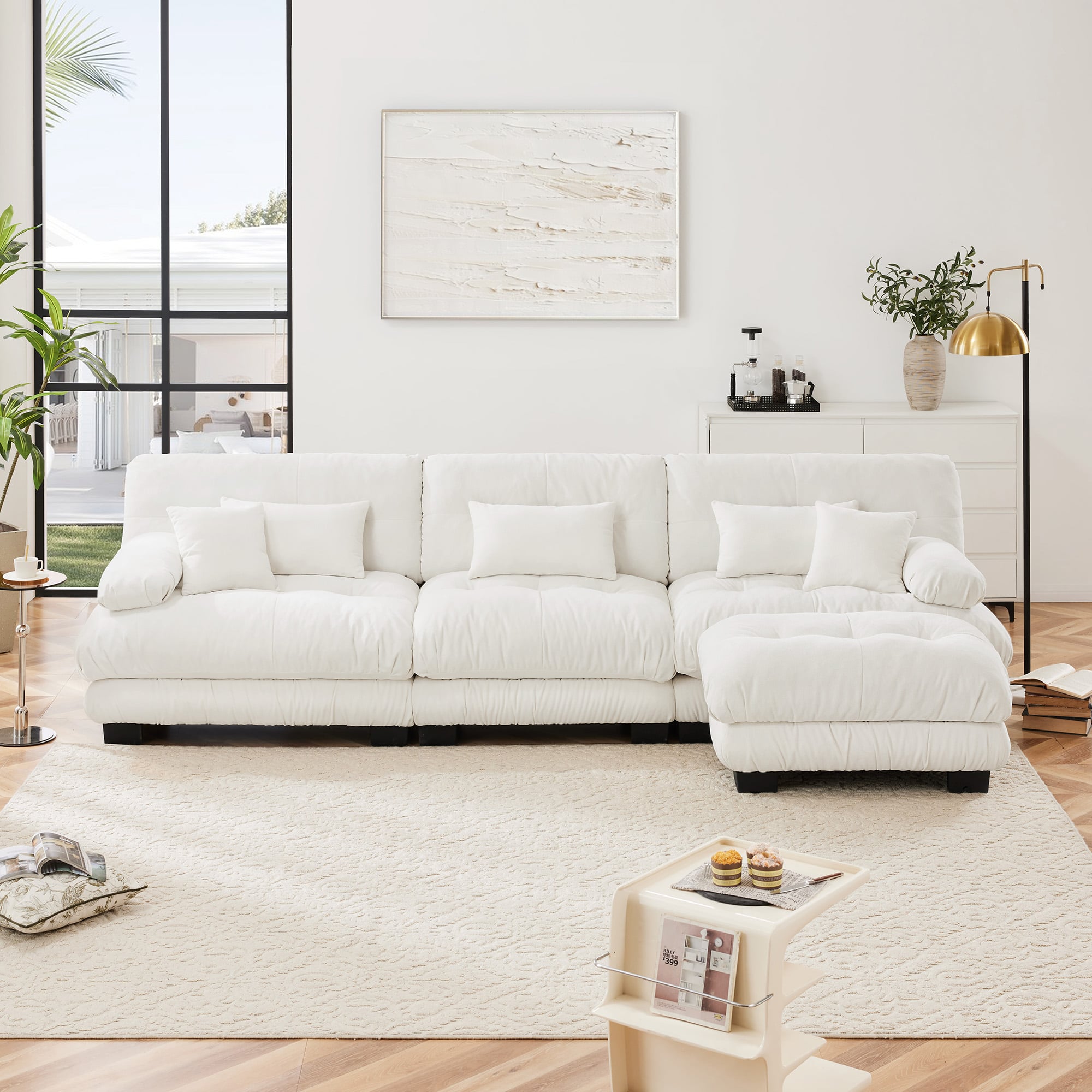 Aukfa - Super Comfort Oversized Modular Velvet Sectional Sofa with Ottoman - Deep Seat Cloud Couch, L-Shaped for Living Room - White