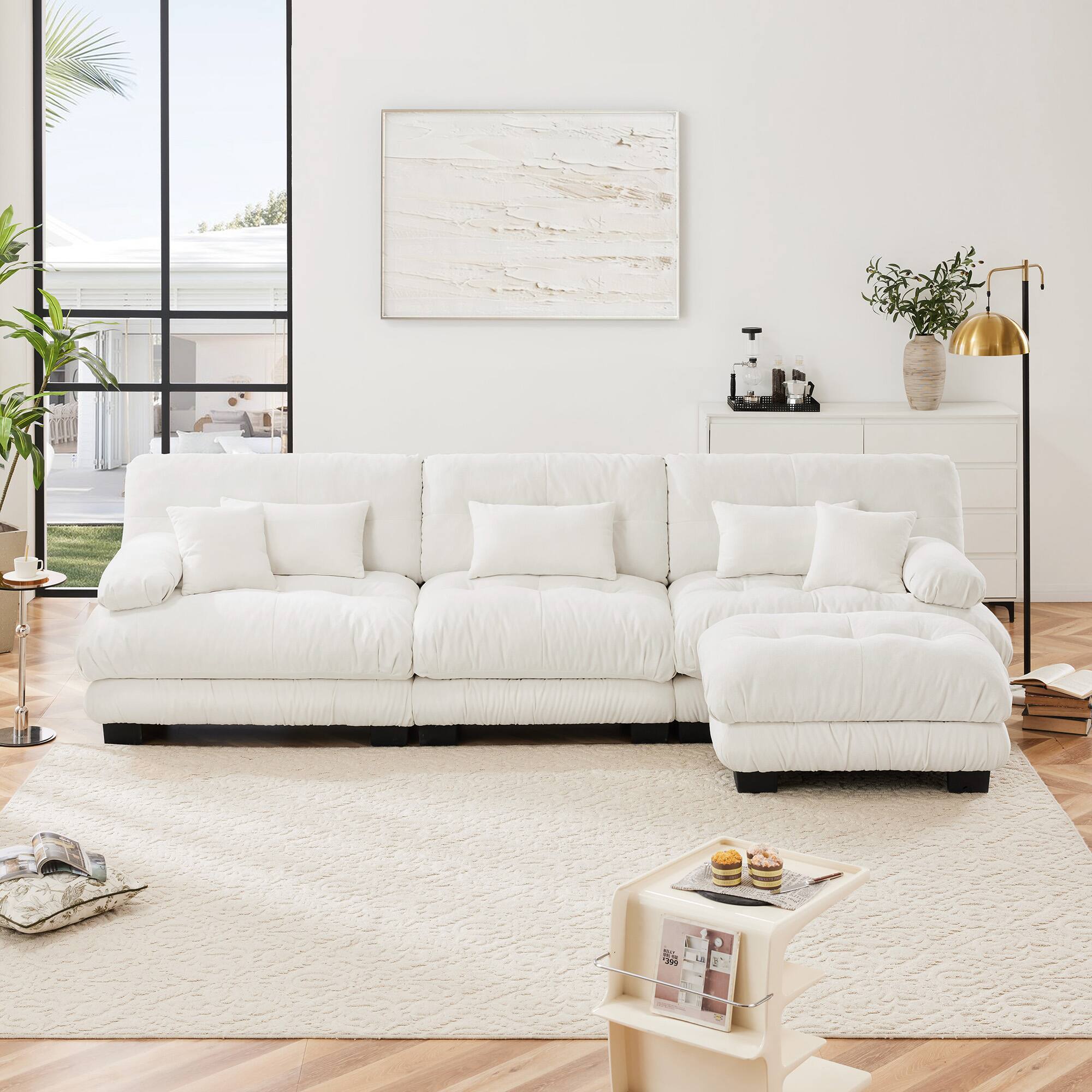 Left. LOVMOR - L Shaped Modular Deep Seat Chenille Sectional Couch Storage Ottoman Compressed Pack For Living Room Plush Cozy - White.