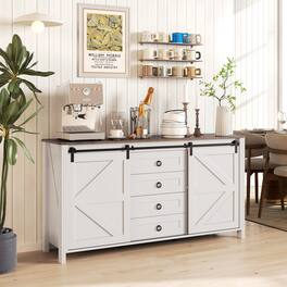 Homcom - 60" Farmhouse Sideboard Buffet Cabinet with Storage, Kitchen Cabinet with 2 Sliding Barn Doors, 4 Deep Drawers - Distressed Cream White