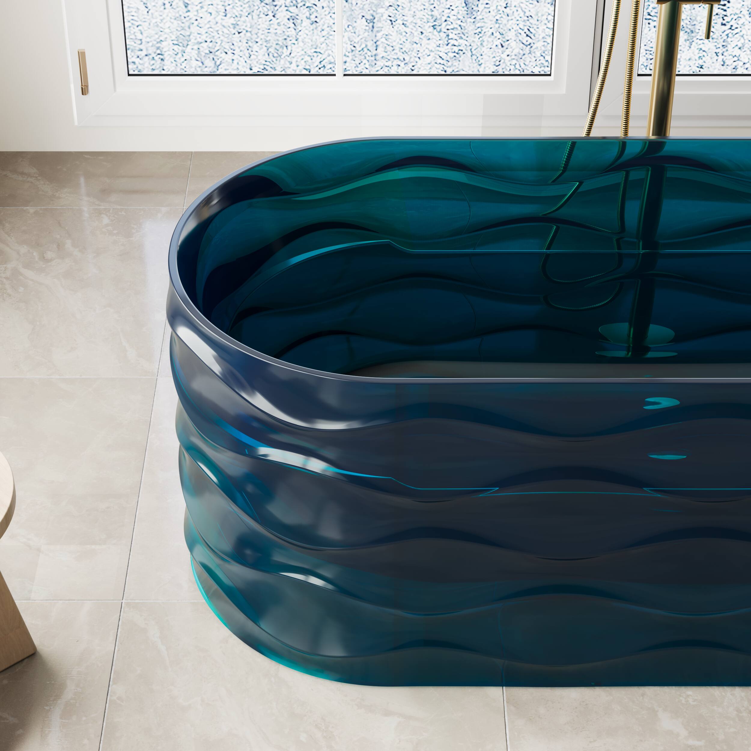Alt View 1. WELLFOR - OLA 62 in x 27 in Resin Solid Surface Flatbottom Freestanding Soaking Bathtub with Center Drain - Flowing Blue.