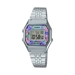 Casio - Women’s Digital Watch with Floral Dial and Stainless Steel Bracelet - LA-680WA-2CDF - Silver