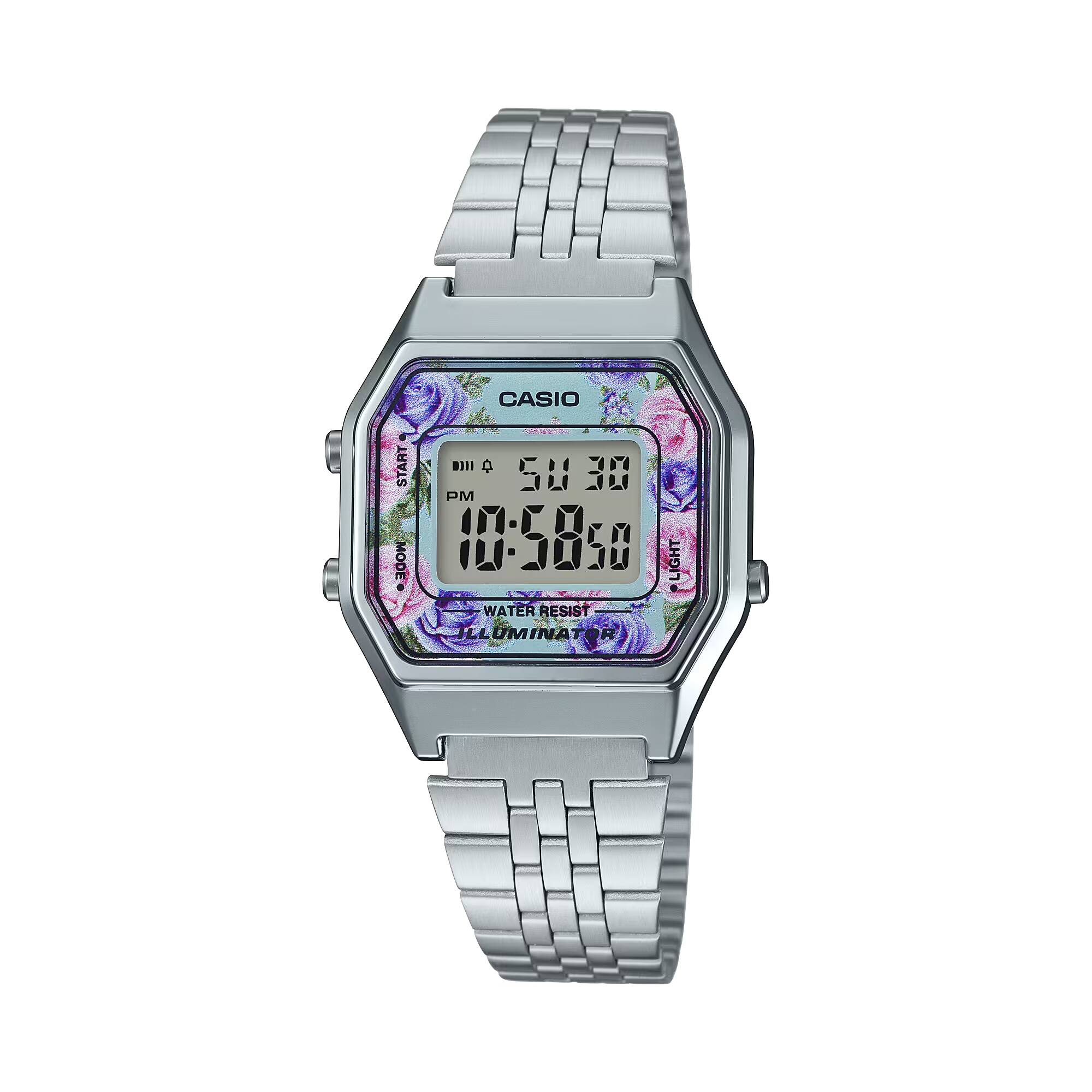 Casio - Women’s Digital Watch with Floral Dial and Stainless Steel Bracelet - LA-680WA-2CDF - Silver