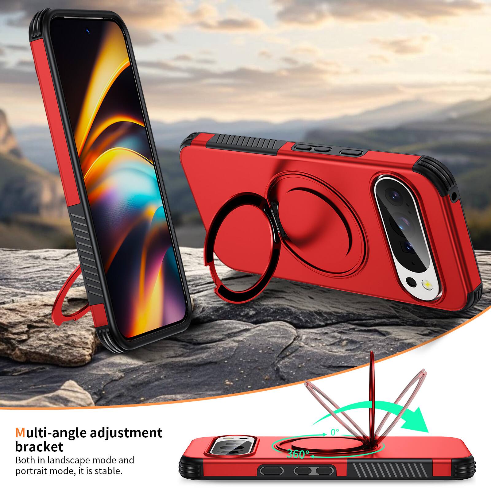 Multi-angle adjustment bracket  
Both in landscape mode and portrait mode, it is stable.  
360°
