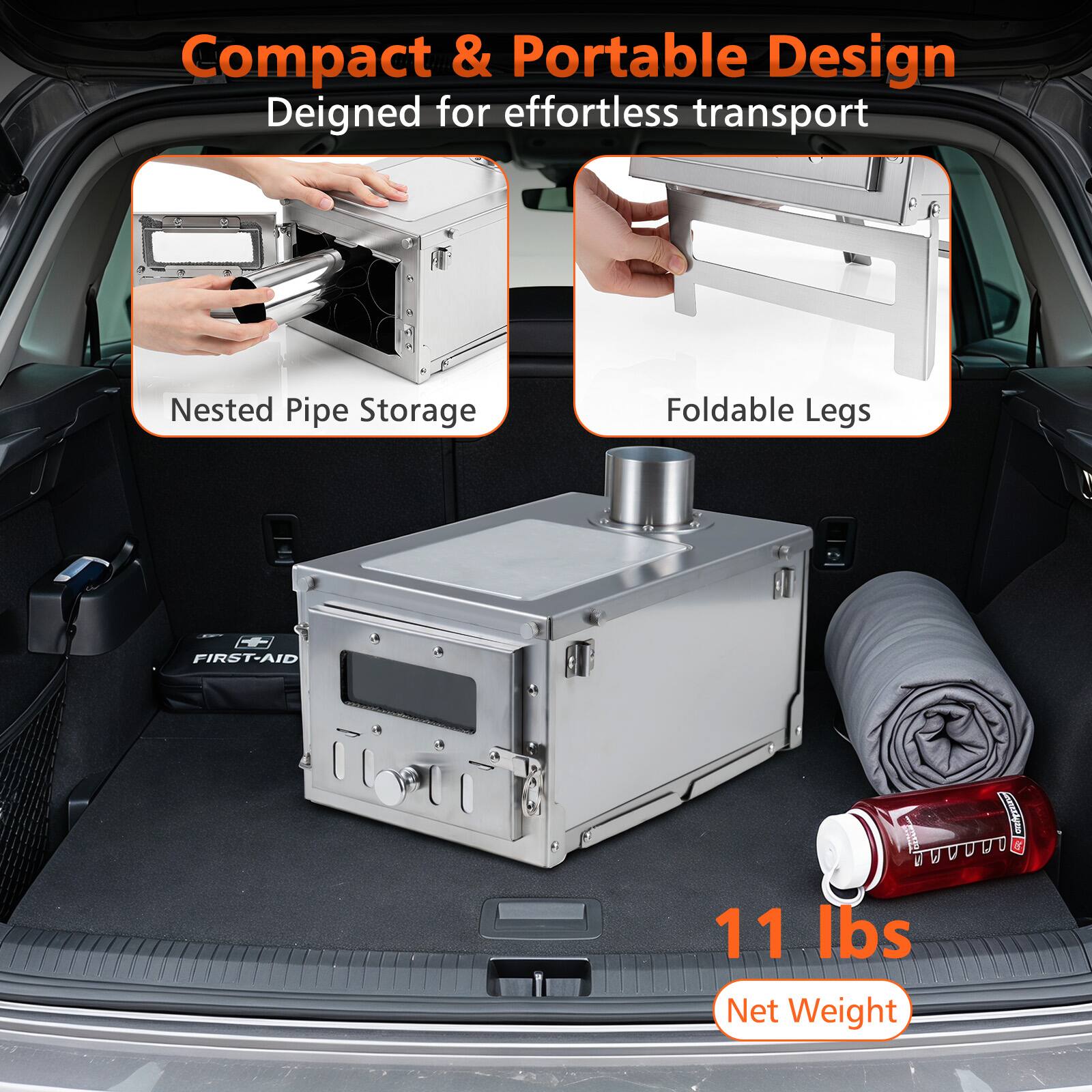Compact & Portable Design  
Designed for effortless transport  

Nested Pipe Storage  
Foldable Legs  

11 lbs Net Weight