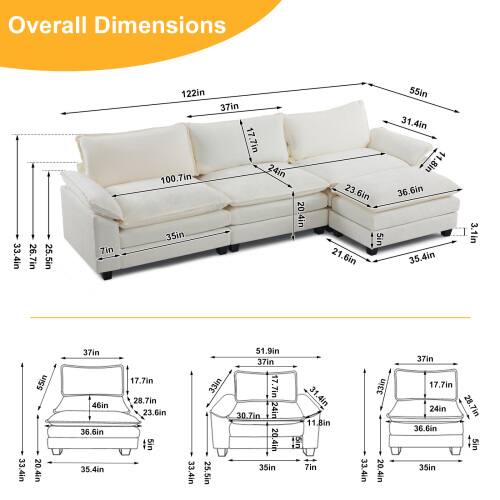 Sure, here are the corrected and grouped dimensions from the image:

**Overall Dimensions:**

- Length: 122in
- Width: 55in
- Height: 37in
- Depth: 31.4in
- Seat Height: 24in
- Seat Depth: 23.6in
- Arm Height: 17.7in
- Arm Width: 35in
- Back Height: 36.6in
- Back Width: 100.7in
- Side Table Height: 21.6in
- Side Table Width: 5in
- Side Table Depth: 35.4in
- Side Table Height: 3.1in
- Side Table Width: 35in
- Side Table Depth: 36.6in
- Side Table Height: 35.4in
- Side Table Width: 17.7in
- Side Table Depth: 28.7in
- Side Table Height: 23.6in
- Side Table Width: 33.4in
- Side Table Depth: 25.5in
- Side