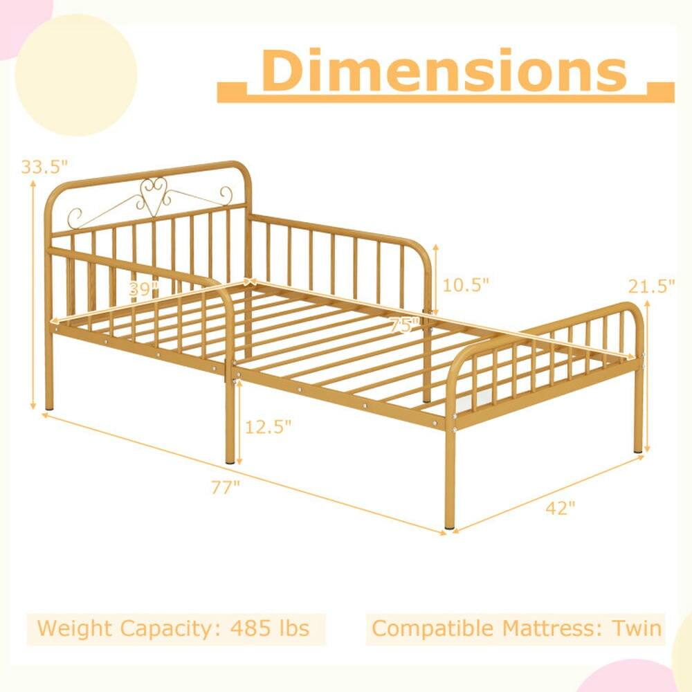 Dimensions: 33.5" x 39" x 10.5" x 21.5" x 75" x 12.5" x 77" x 42"  
Weight Capacity: 485 lbs  
Compatible Mattress: Twin