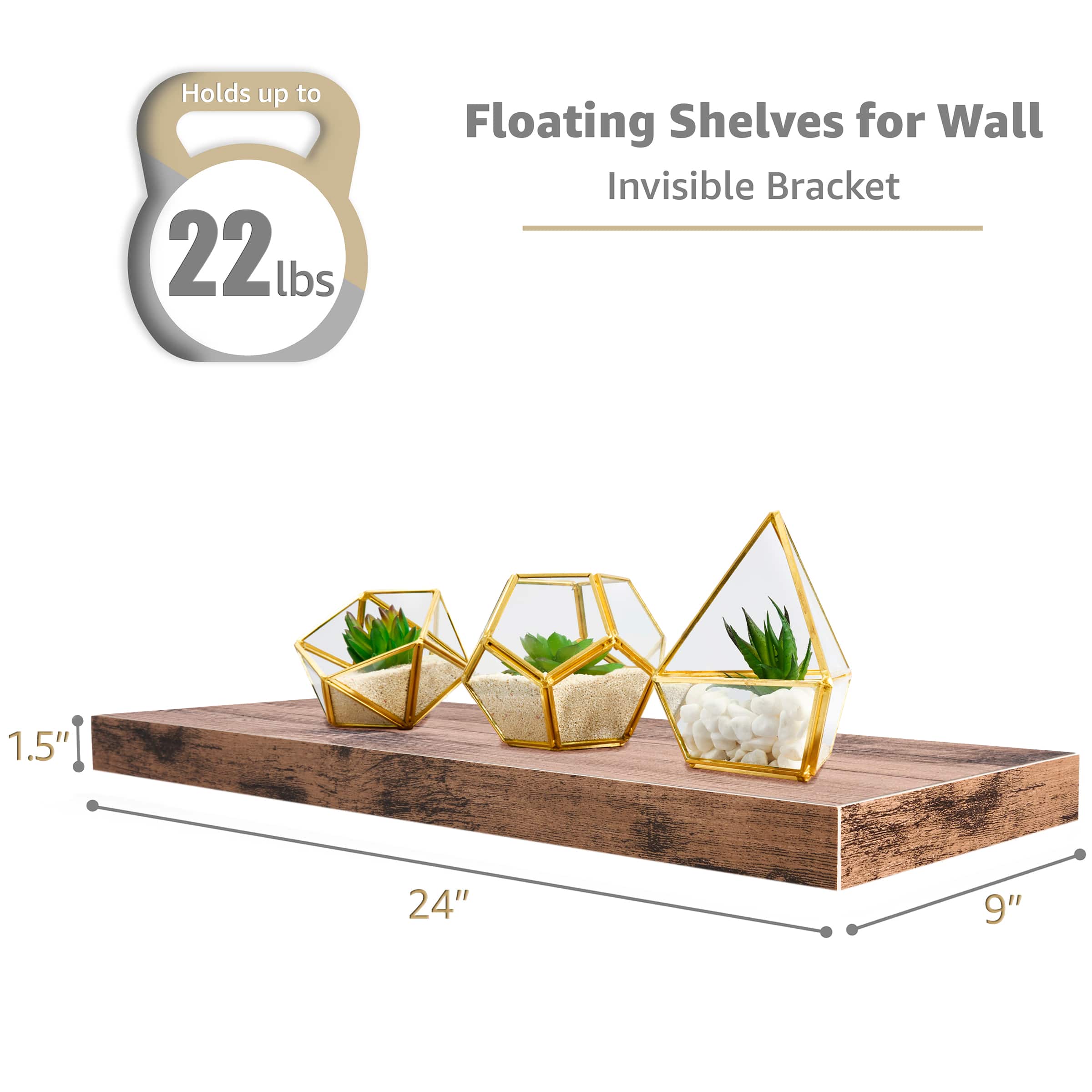 Holds up to 22 lbs, Floating Shelves for Wall, Invisible Bracket, 1.5", 24", 9"