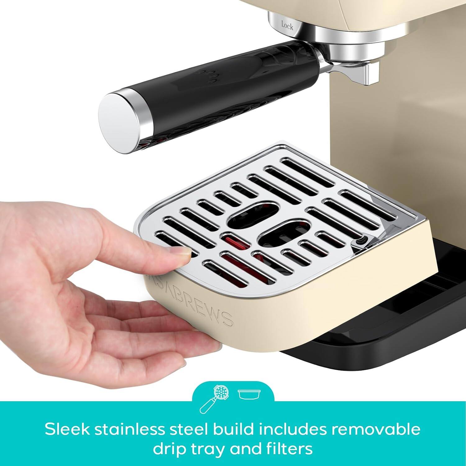 Lock
BABREWS
Sleek stainless steel build includes removable drip tray and filters