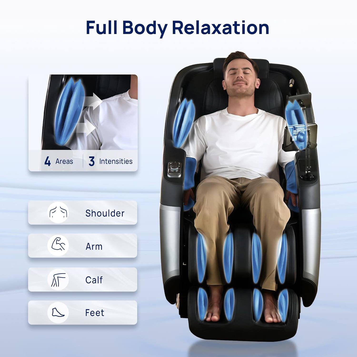 Full Body Relaxation  
4 Areas  
3 Intensities  
Shoulder  
Arm  
Calf  
Feet