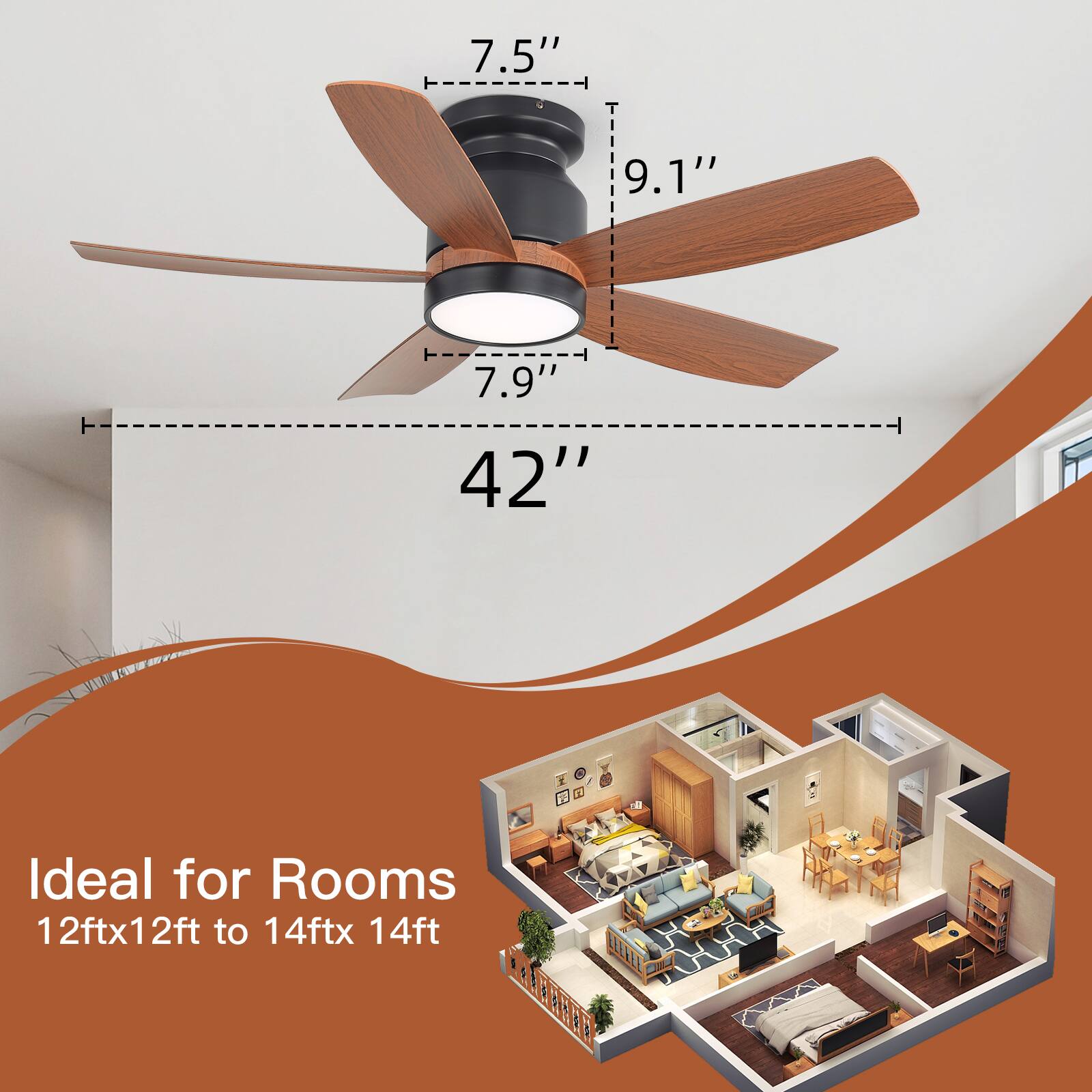 7.5" 9.1" 7.9" 42"  
Ideal for Rooms 12ftx12ft to 14ftx14ft