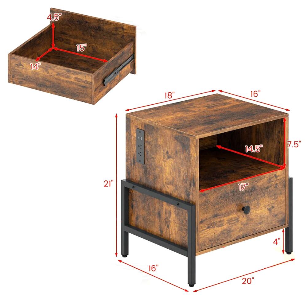 - Top surface: 18" x 16"
- Drawer: 14" x 15" x 4.5"
- Shelf: 14.5" x 17"
- Overall height: 21"
- Depth: 20"
- Height of legs: 4"