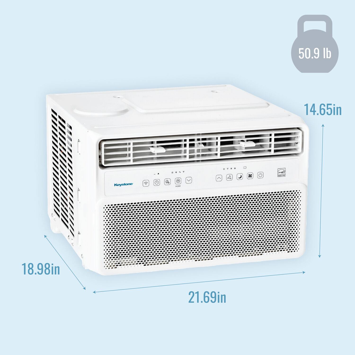 The text on the image reads:

50.9 lb 14.65in 12.98in 21.69in

The corrected text would be:

50.9 lb 14.65in 12.98in 21.69in

This text describes the dimensions and weight of a small white air conditioner.