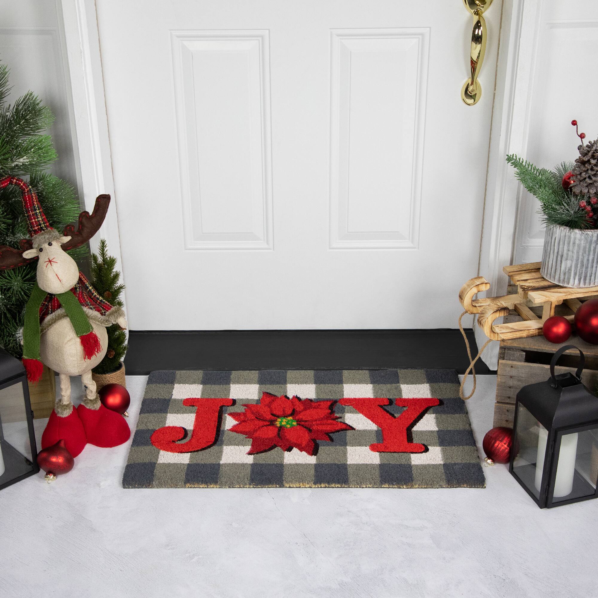 Alt View 1. Northlight - Gray and Red Poinsettia "Joy" Christmas Natural Coir Outdoor Doormat 18" x 30" - Gray.