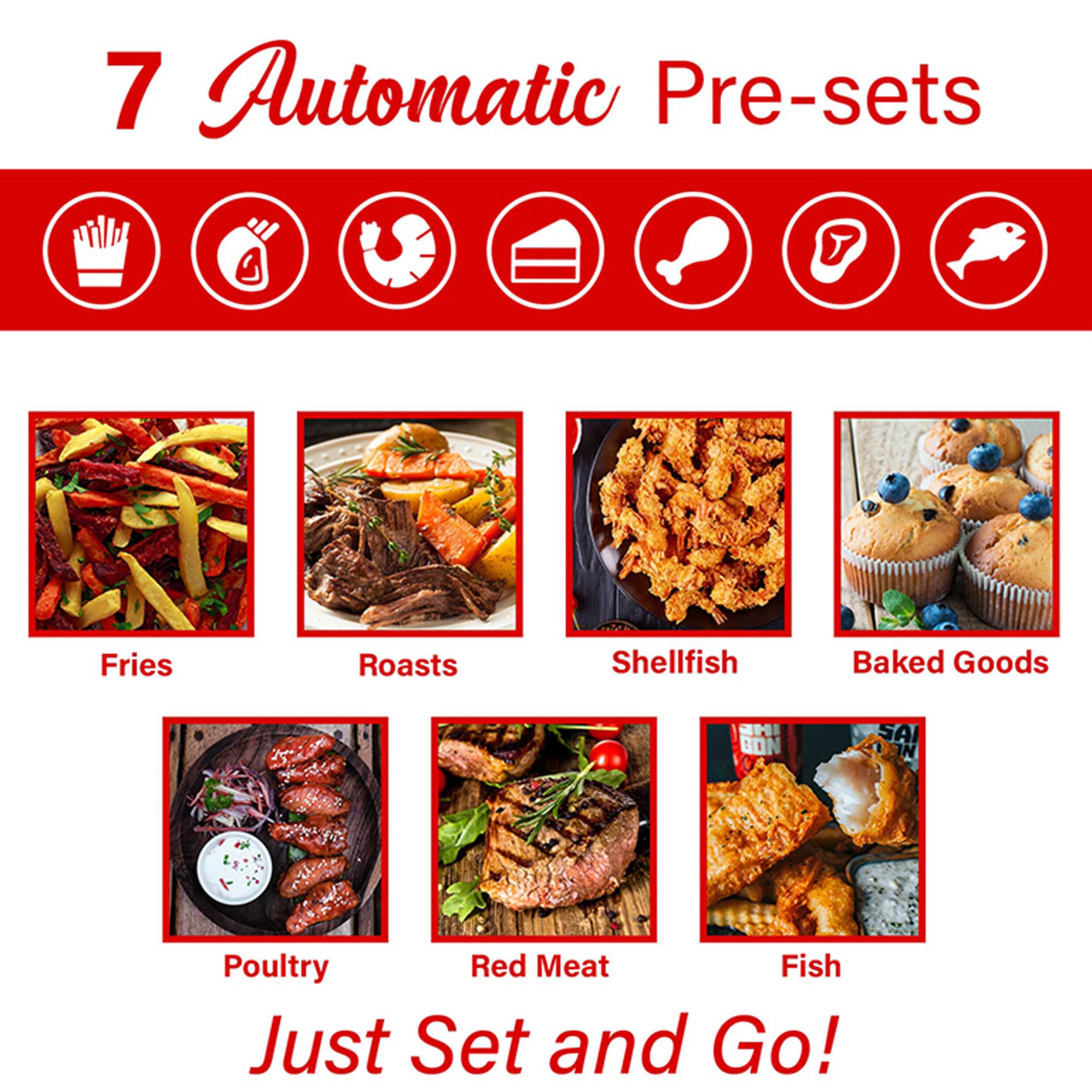7 Automatic Pre-sets: Fries, Roasts, Shellfish, Baked Goods, Poultry, Red Meat, Fish. Just Set and Go!