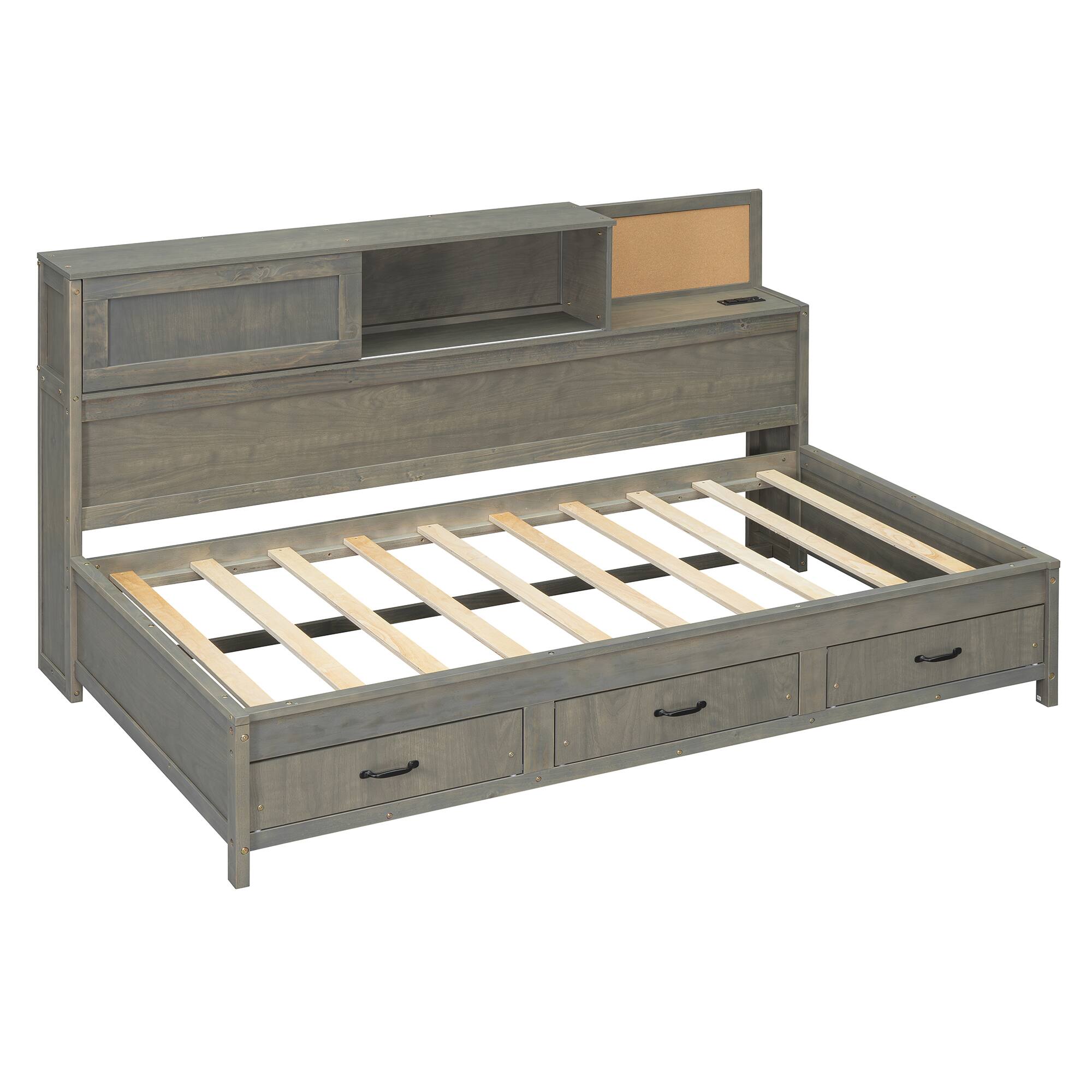 Alt View 2. Tiramisubest - Twin Size Wooden Daybed with 3 Storage Drawers, Upper Soft Board, shelf, and a set of Sockets and USB Ports, Gray - Gray.