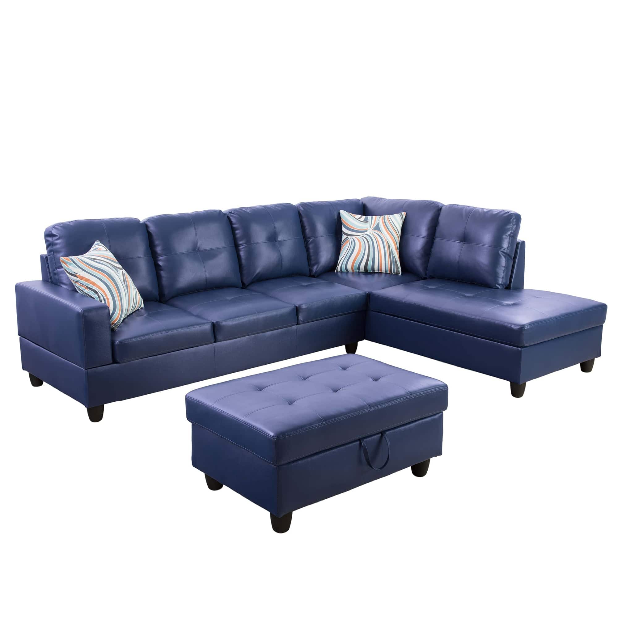 Boyel Living - Premium Semi PU Upholstered Sofa Solid Wood Frame Double Spring with Right Chaise Lounge - Royal Blue