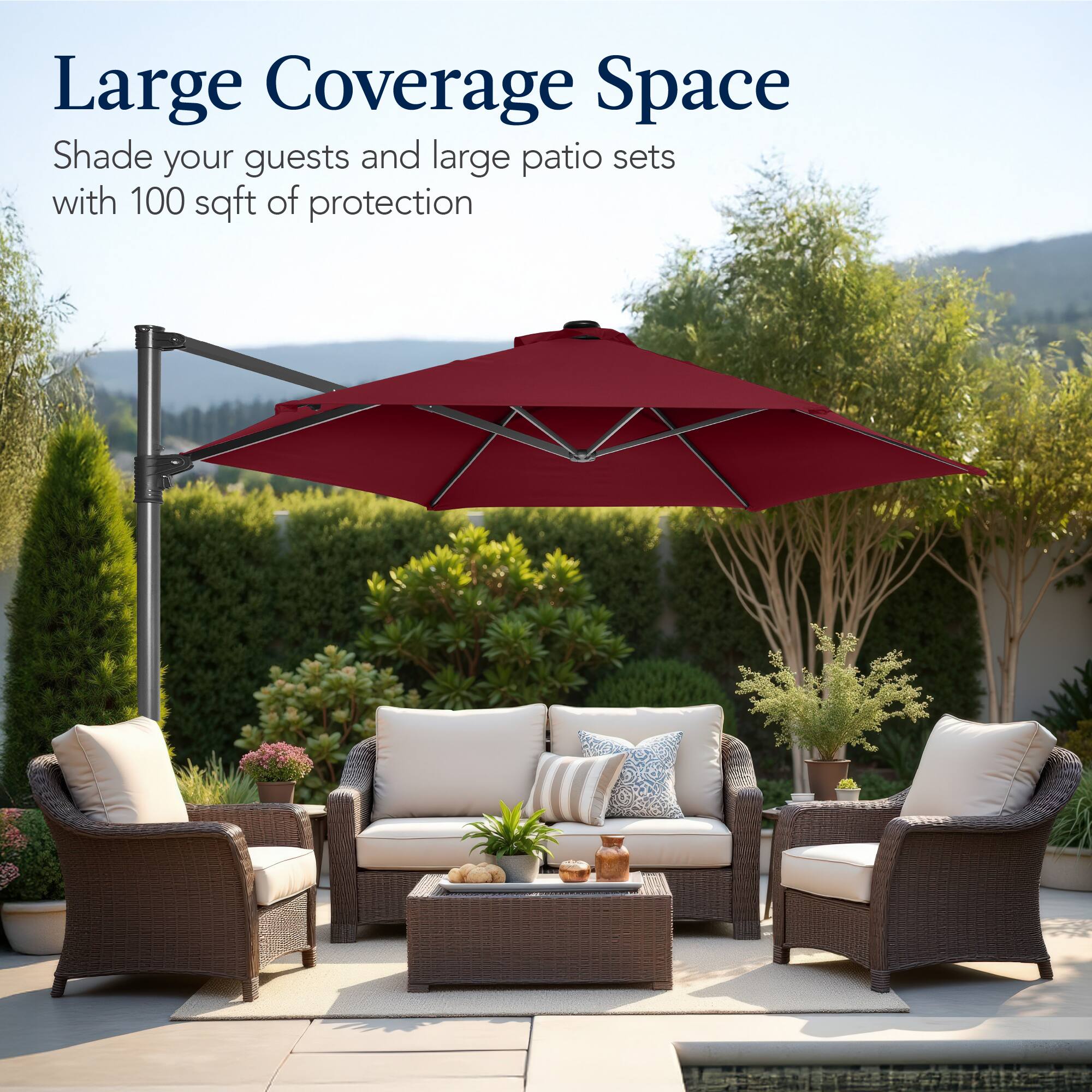 Large Coverage Space  
Shade your guests and large patio sets with 100 sqft of protection
