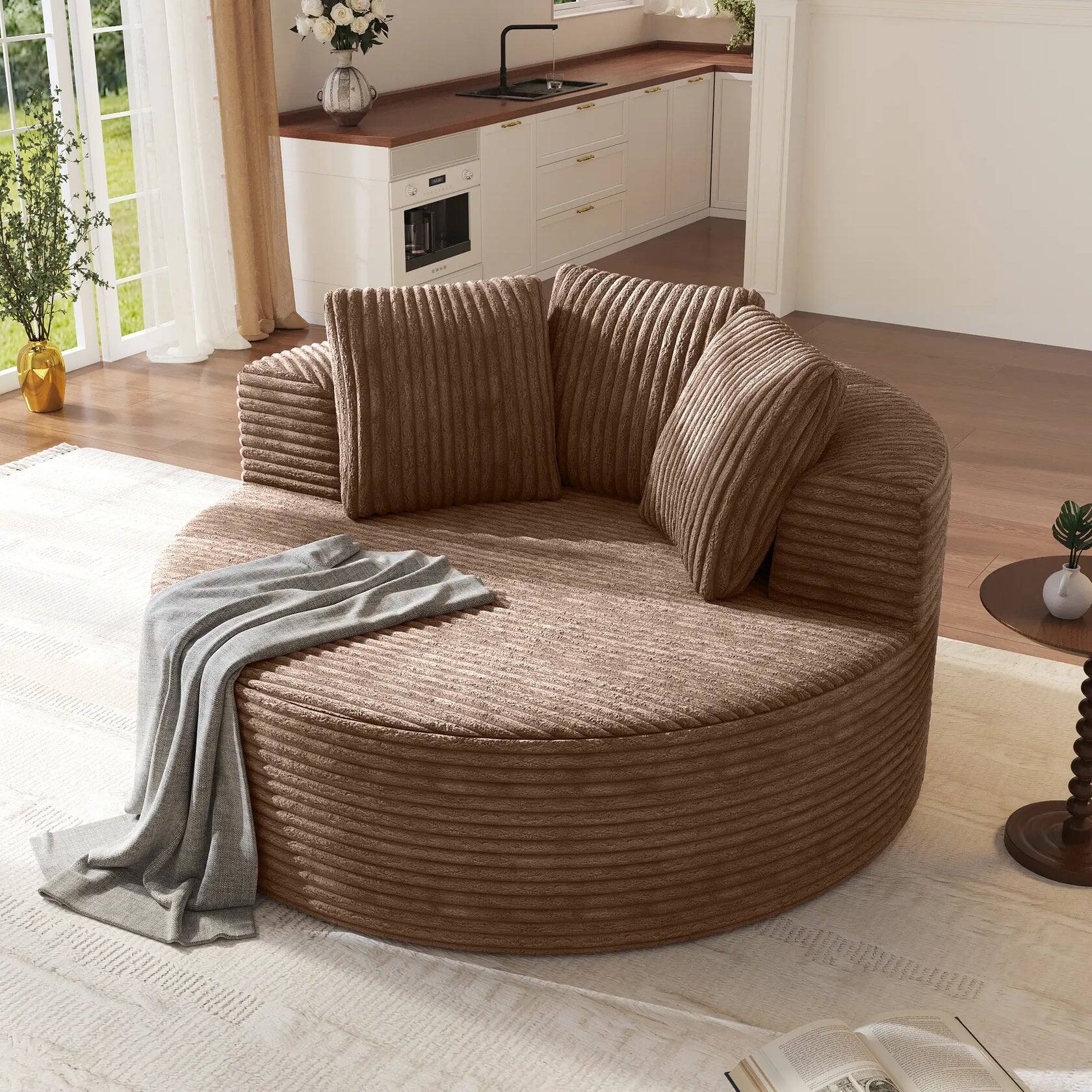 Angle. Yardgrace - Oversized Round Lazy Sofa Chair,Corduroy Deep Seat Single Sleeper Sofas, Upholstered Chaise, Cloud Couch for Living Room - Brown.