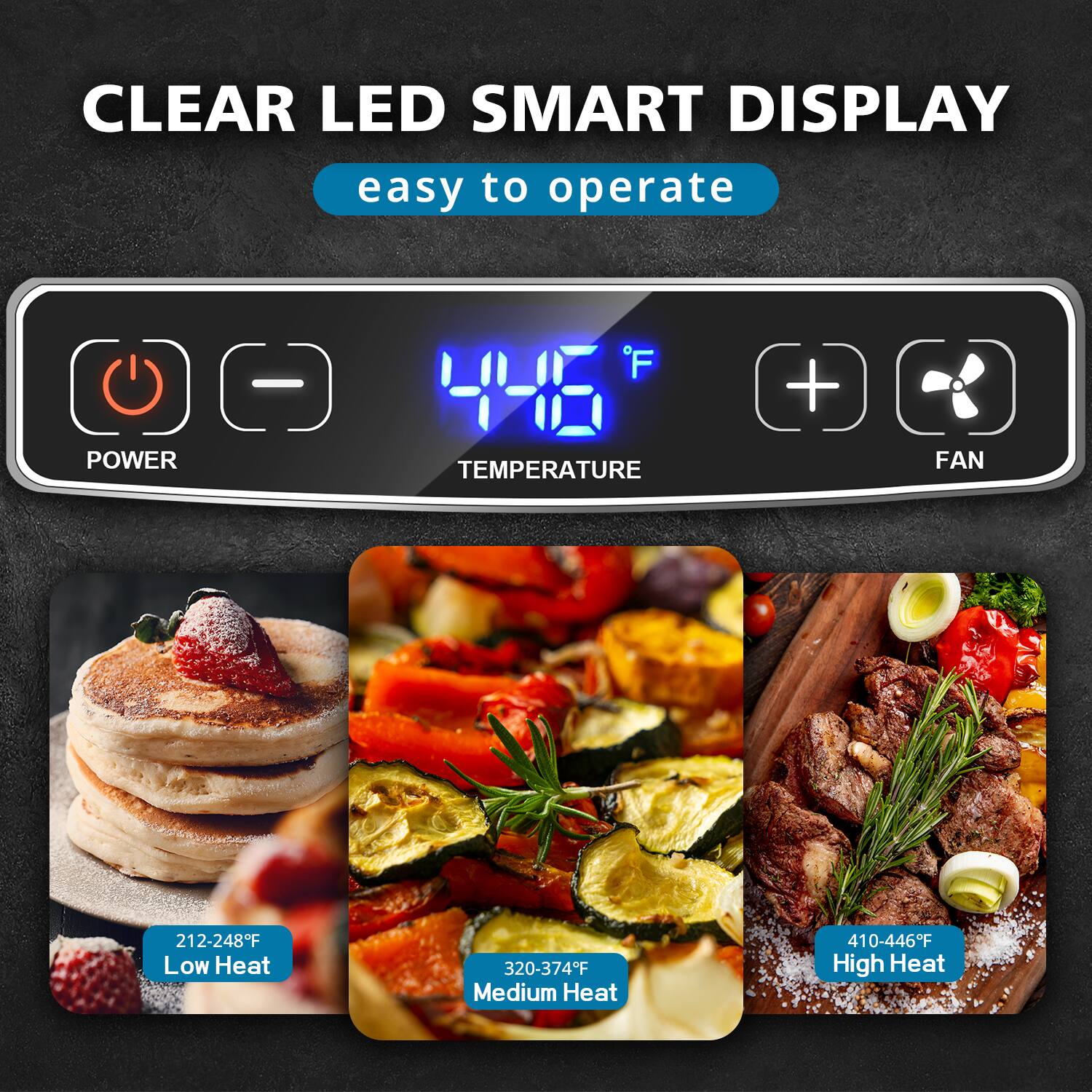 CLEAR LED SMART DISPLAY  
easy to operate  

POWER  
TEMPERATURE 446°F  
FAN  

212-248°F Low Heat  
320-374°F Medium Heat  
410-446°F High Heat
