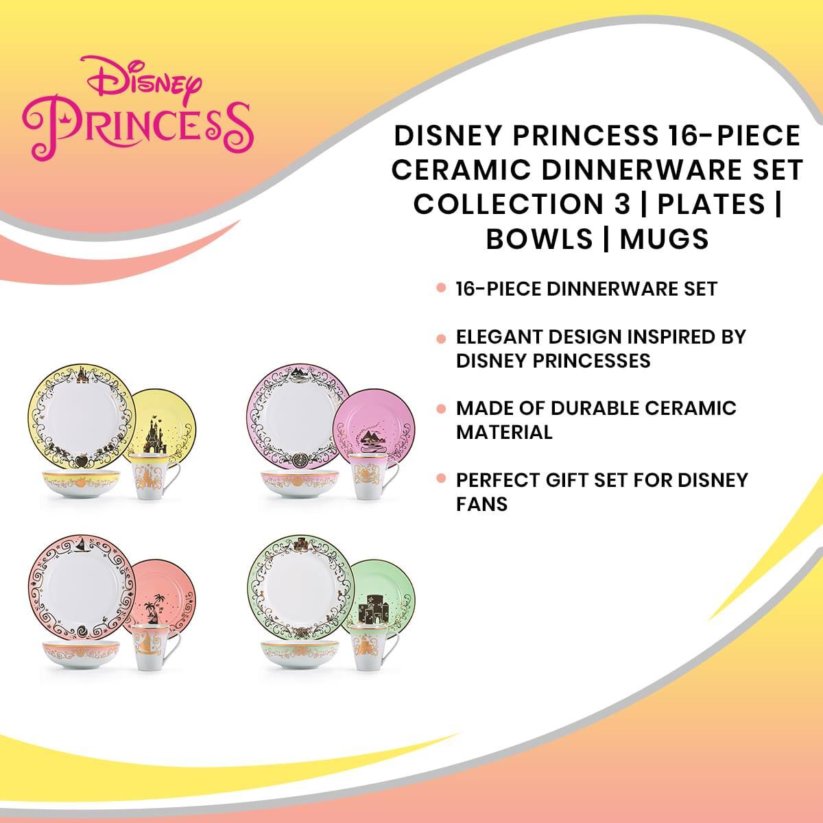 Disney PRINCESS 16-PIECE CERAMIC DINNERWARE SET COLLECTION 3 | PLATES | BOWLS | MUGS

- 16-PIECE DINNERWARE SET
- ELEGANT DESIGN INSPIRED BY DISNEY PRINCESSES
- MADE OF DURABLE CERAMIC MATERIAL
- PERFECT GIFT SET FOR DISNEY FANS