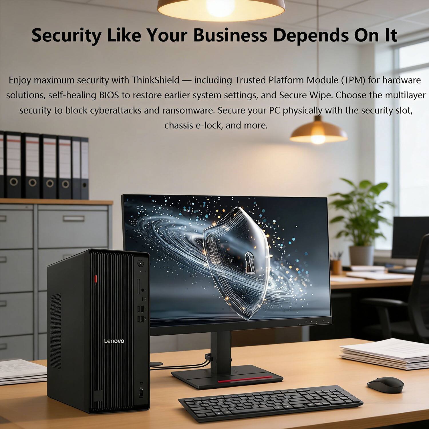 Security Like Your Business Depends On It

Enjoy maximum security with ThinkShield — including Trusted Platform Module (TPM) for hardware solutions, self-healing BIOS to restore earlier system settings, and Secure Wipe. Choose the multilayer security to block cyberattacks and ransomware. Secure your PC physically with the security slot, chassis e-lock, and more.