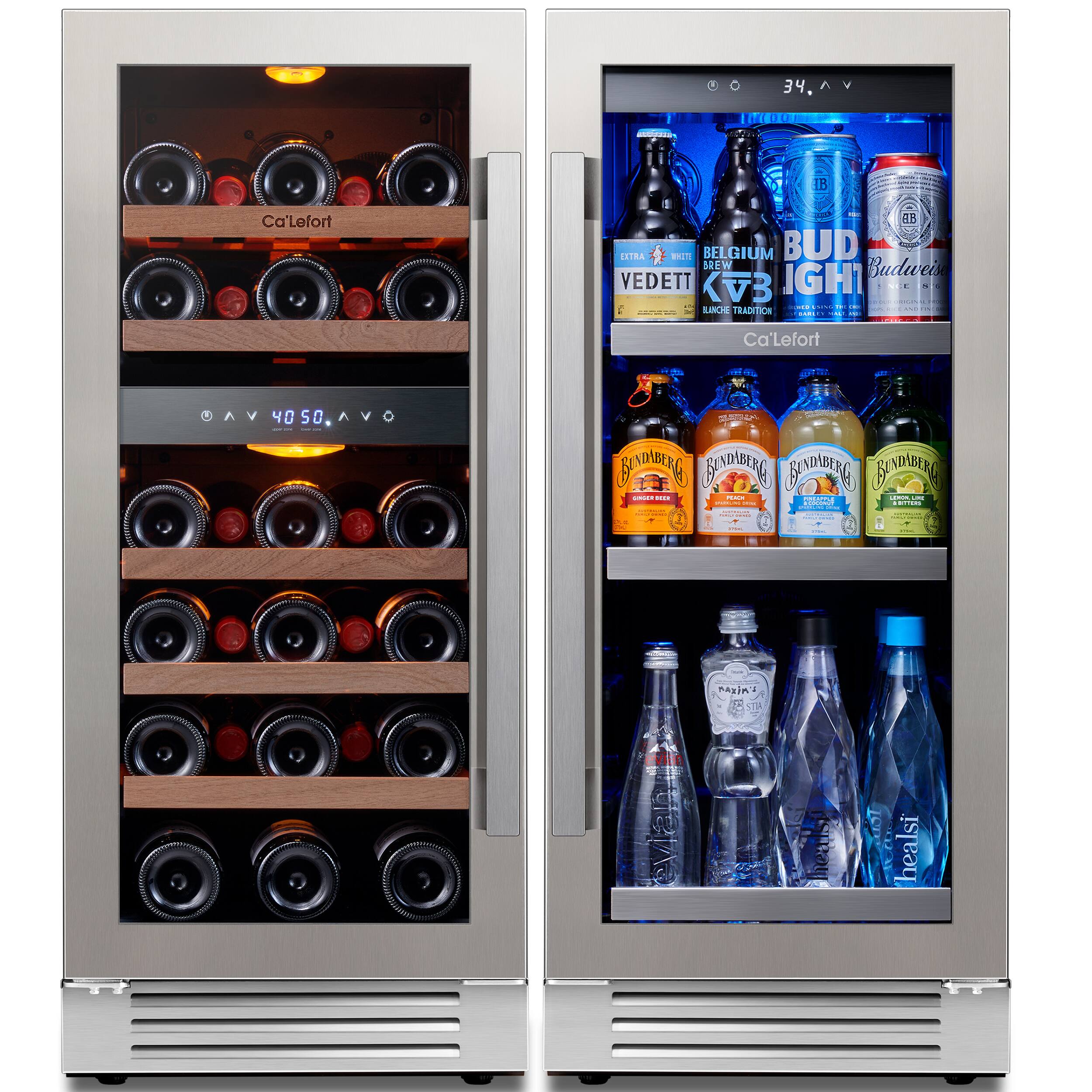 Ca'Lefort - 30 inch Dual Zone Wine & Beverage Cooler Refrigerator, 100 Cans and 28 Bottles,Glass Door, 3 LED, 6.0 Cu.ft - Stainless Steel