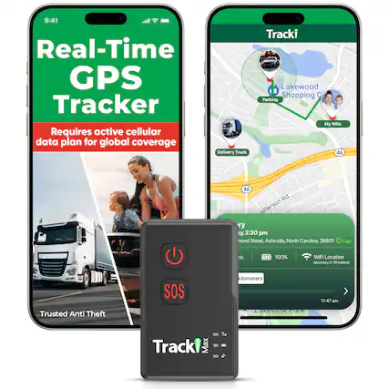 9:41 Real-Time GPS Tracker Requires active cellular data plan for global coverage Delivery Truck
Tracki Lakewood Shopping C Parking My Wife 46
46 Rd Jefferson Rd, 2:30 pm nond Street, Asheville, North Carolina, 28801
Copy
h
100%
WiFi Location accuracy 2 -10 meters)
SOS
kilometers
11:47 am
Trusted Anti Theft
Lakeview Park
Tracki Max
Ya